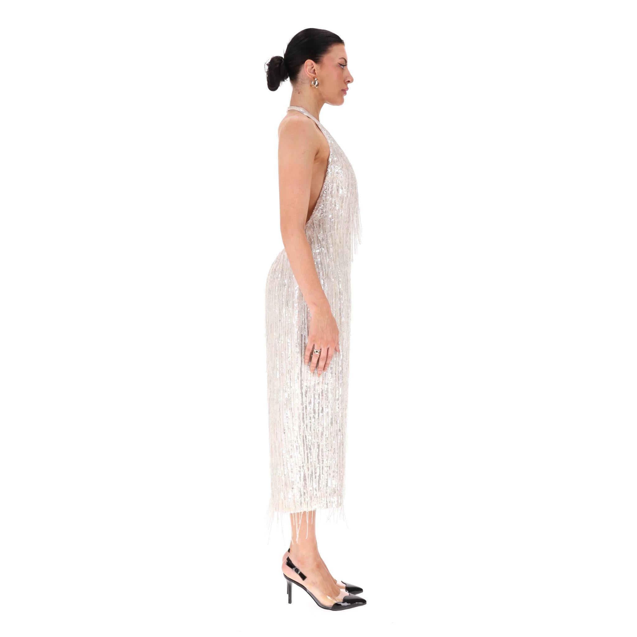 Beige Ilta - Vestito midi senza schienale con lustrini e perline in vendita