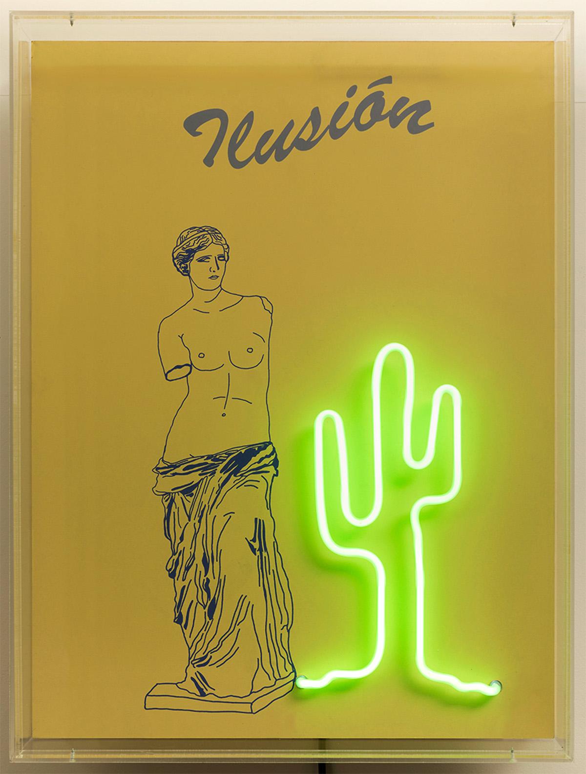 Ilusión, 2019  Paloma Castello 
From the series Neon Classics
Screen printing with neon lights
Dimensions: 24 H in x 18.1 W x 5.9 D in. 
Edition 1/10

In her work She likes to bring life to objects or icons from the past, intervening in them a bit,