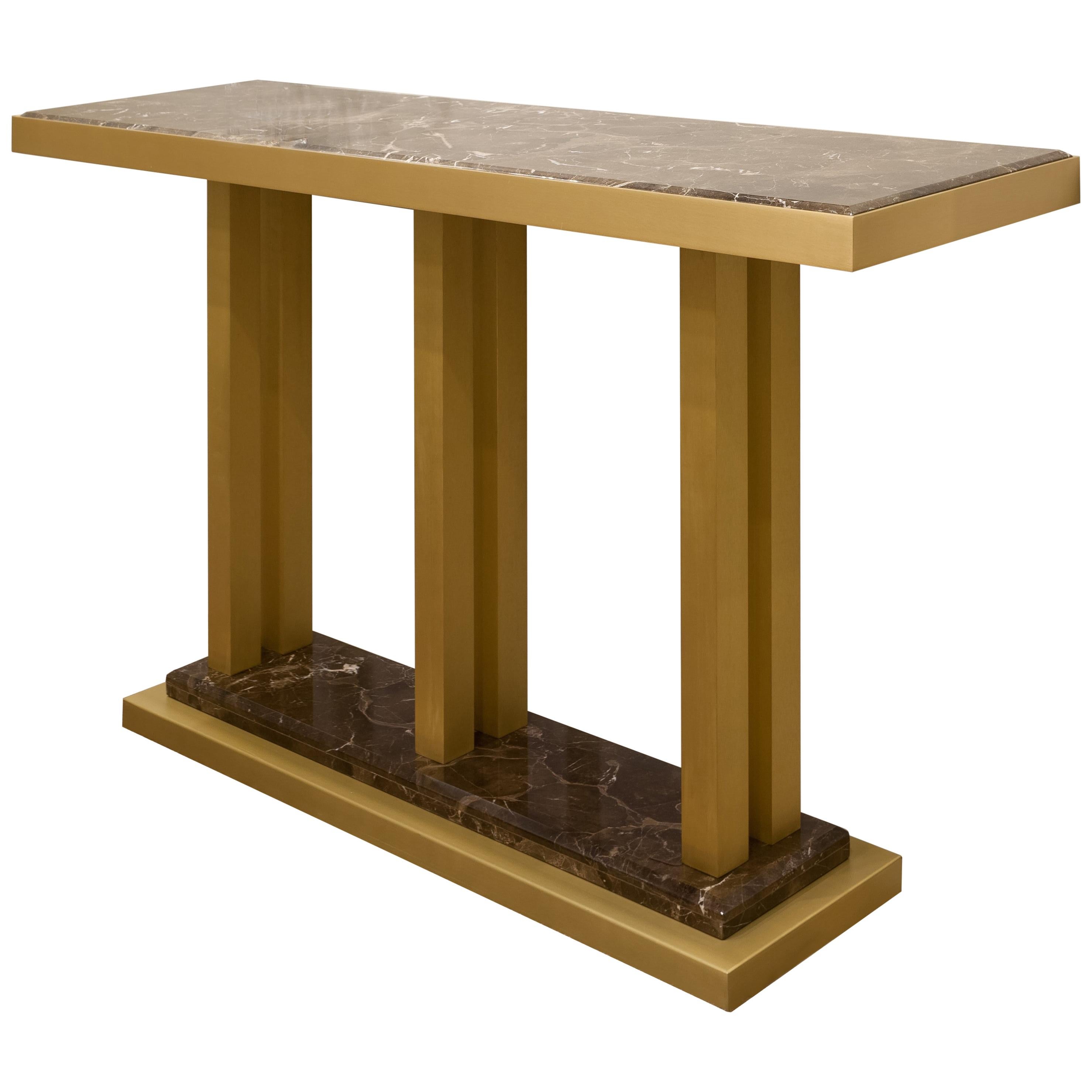 Ilustre Console with Marron Emperador Marble Top and Brushed Brass Structure