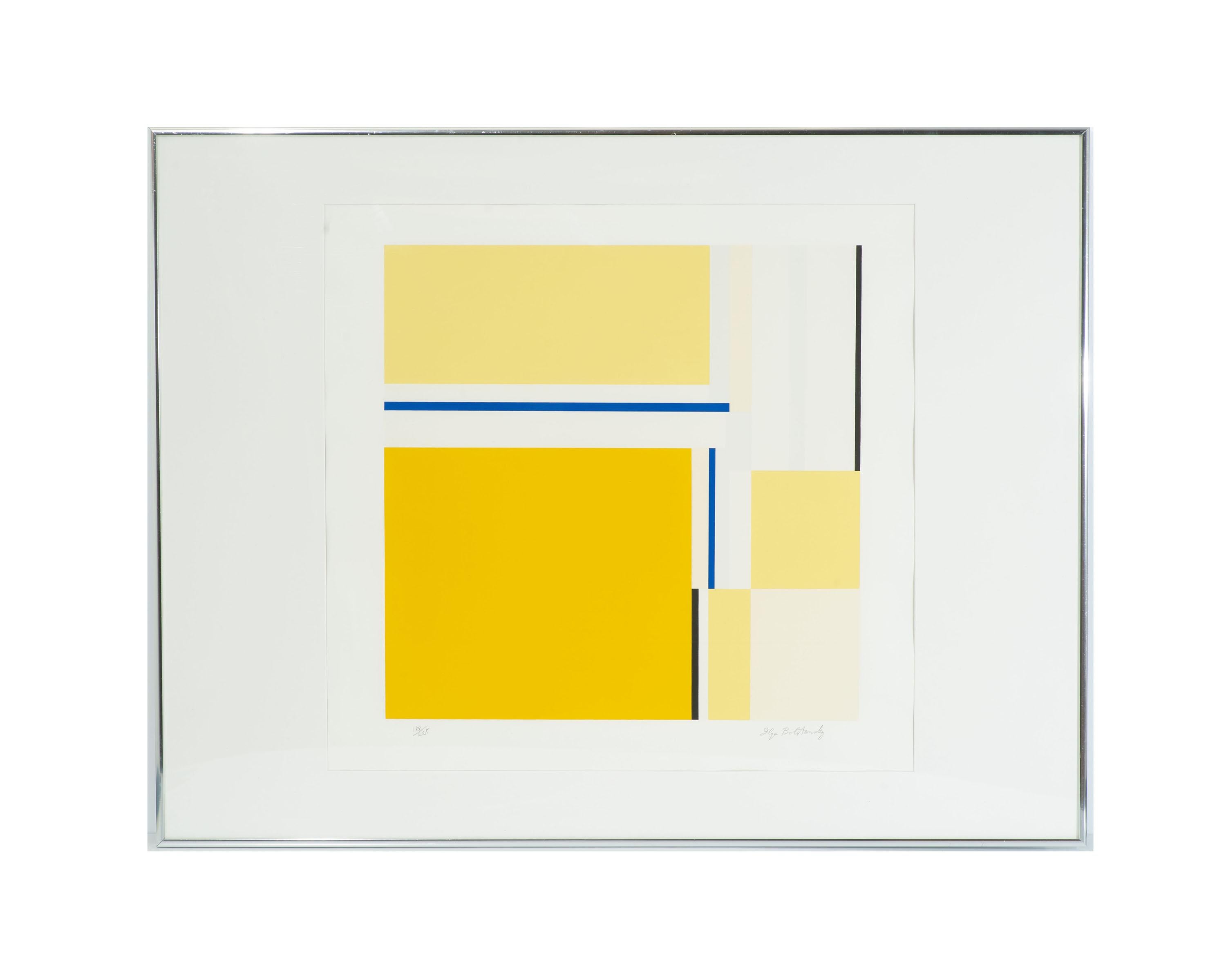 A signed limited edition Op Art serigraph by Russian-American artist Ilya Bolotowsky (1907-1981). The work uses richly colored black, white, blue and yellow shapes to comprise a larger square shaped composition against a white ground. Signed and