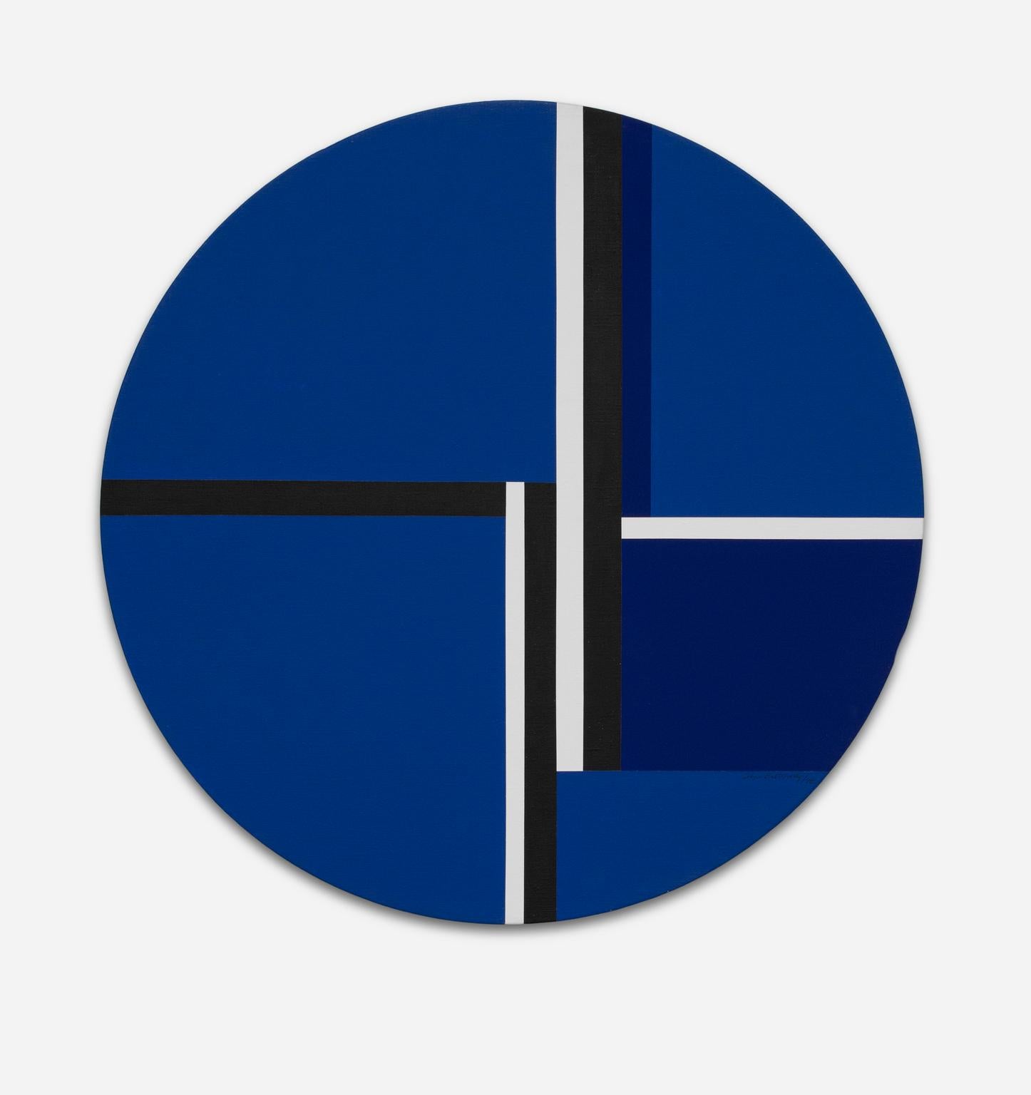 Ilya Bolotowsky Abstract Painting - "Blue Tondo" Graphic Abstract, Deep Blues, Black, Acrylic, Circular