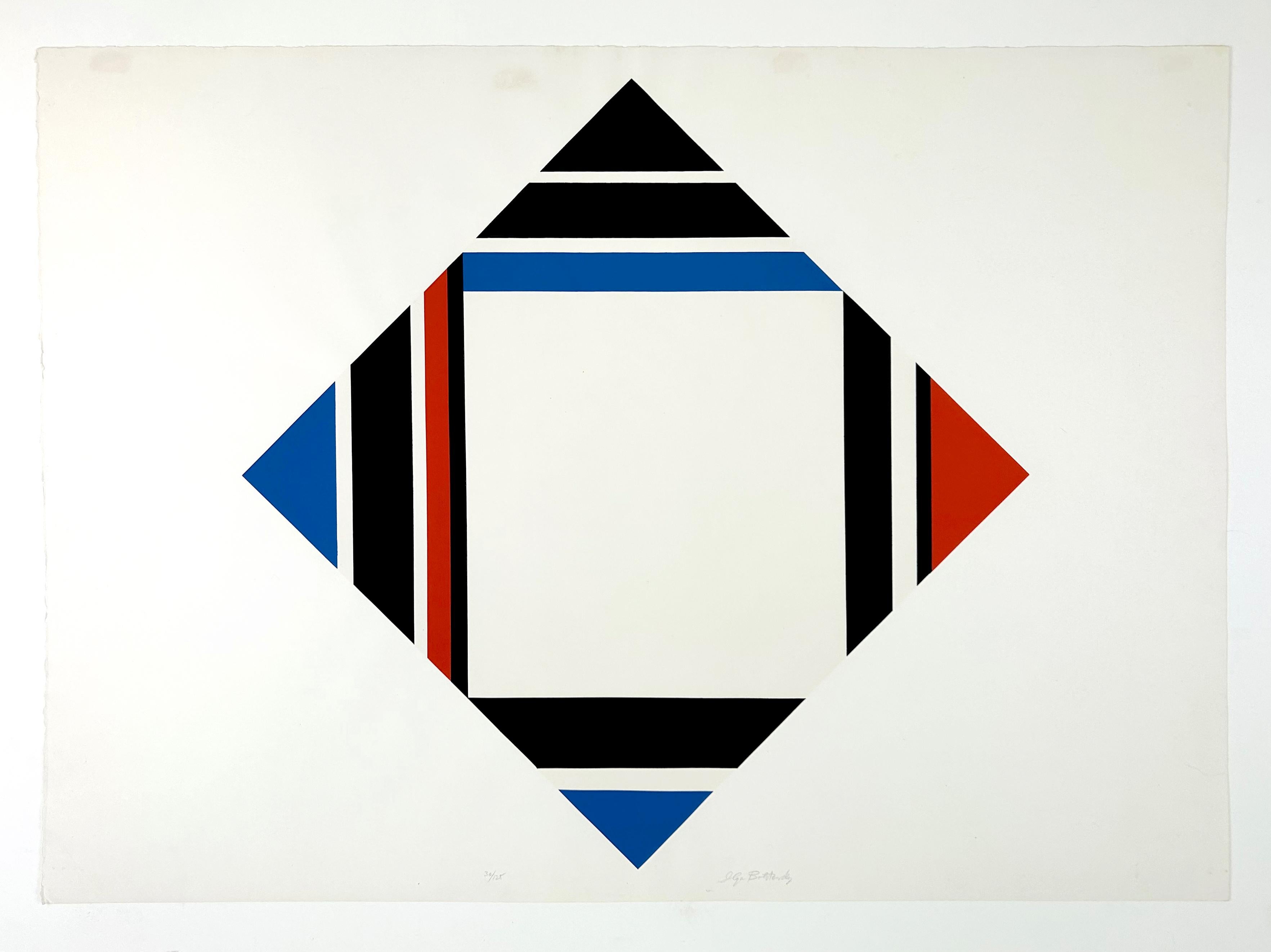 Artist: Ilya Bolotowsky
Title: Red/Blue/Black Diamond
Year: 1970
Dimensions: 25.75 in x 35.875 in
Signed lower right
Edition: 30/125
Gondition: Good. 4 small square spots on top of work from framing tape residue (and see verso). Slight warping of