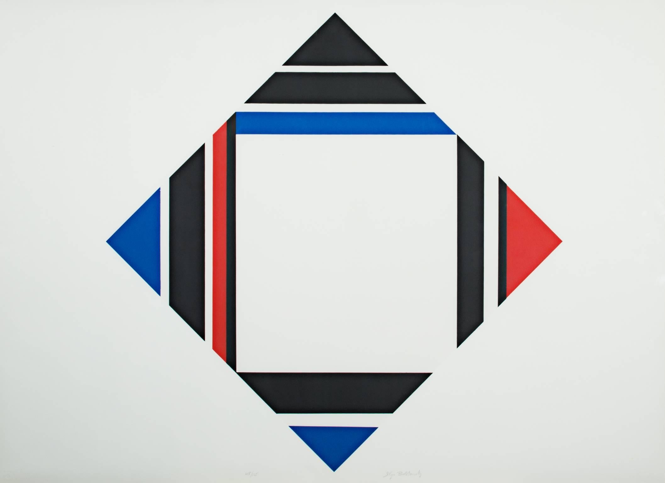 Ilya Bolotowsky's Red/Blue/Black Diamond from around 1970, immediately shows the deep influence of Piet Mondrian's New-Plasticism. Bolotowsky first saw Mondrian's paintings in the 1930s and adopted a Neo-Plastic style in the late 1940s. This