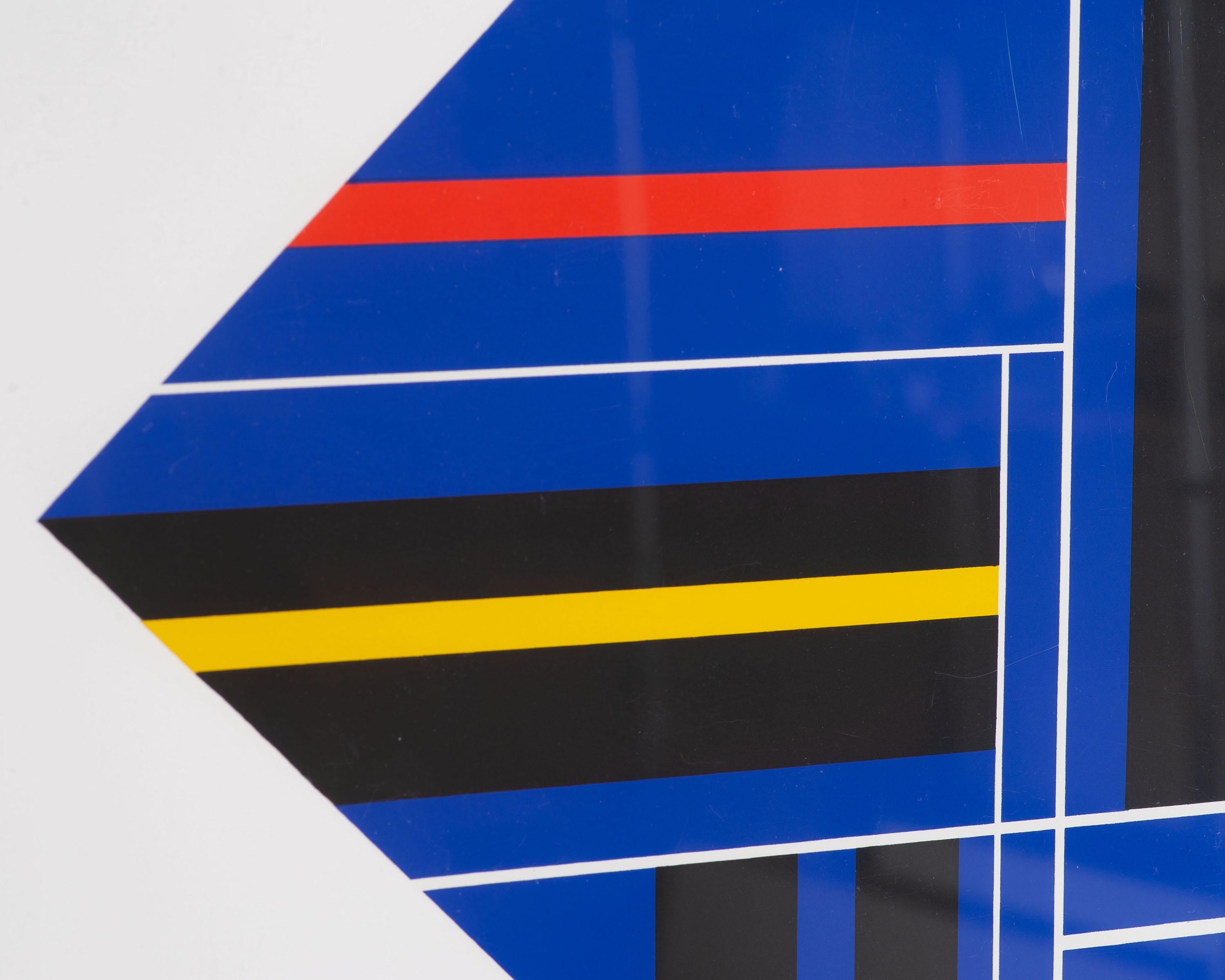 A signed limited edition Op Art serigraph by Russian-American artist Ilya Bolotowsky (1907-1981). The work uses richly colored blue, red, black and yellow shapes to comprise a larger diamond shaped composition against a white ground. Signed and