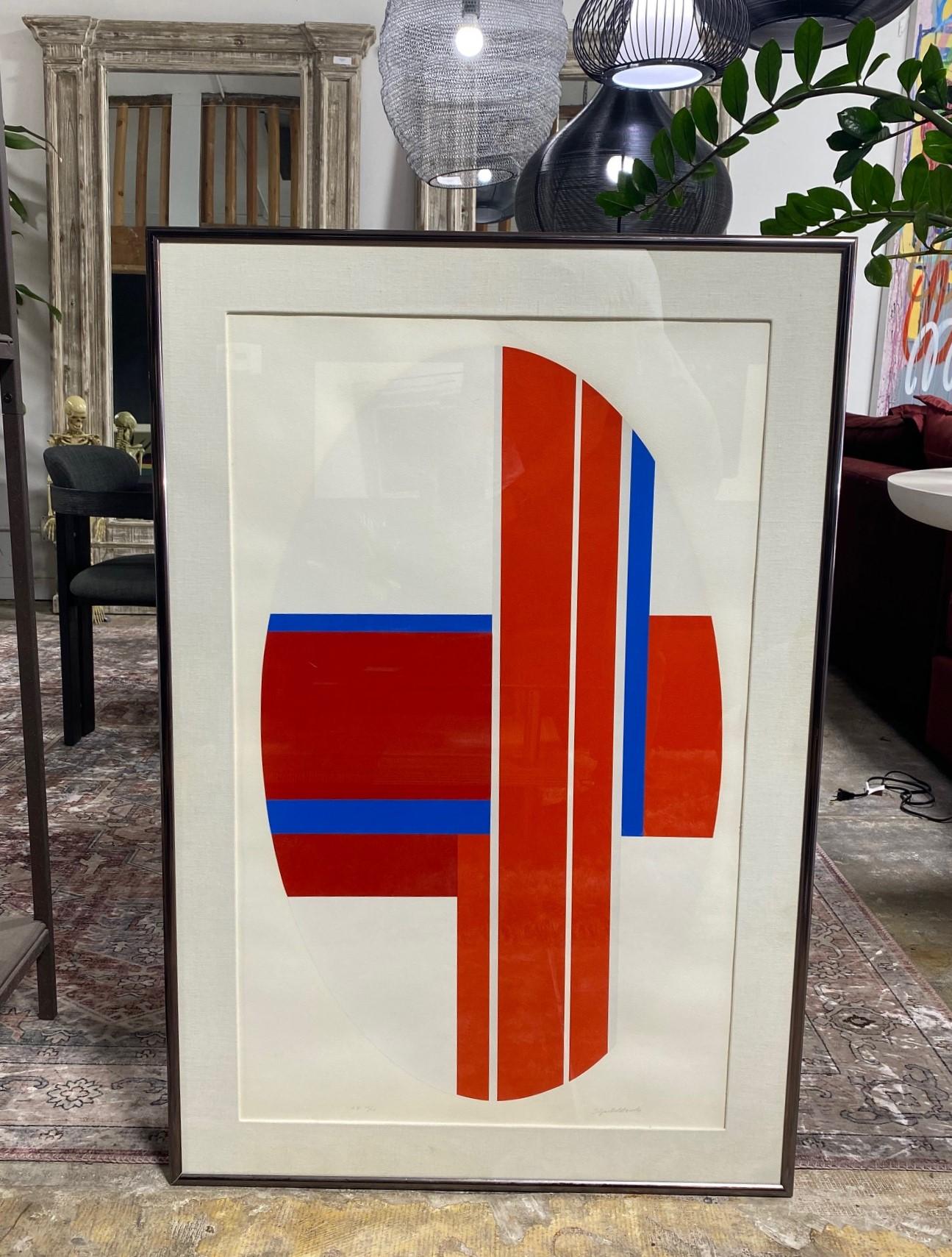 A large and rather fantastic geometrical abstract silkscreen print by Russian-born/ American artist Ilya Bolotowsky (1907-1981). This work often referred to as 
