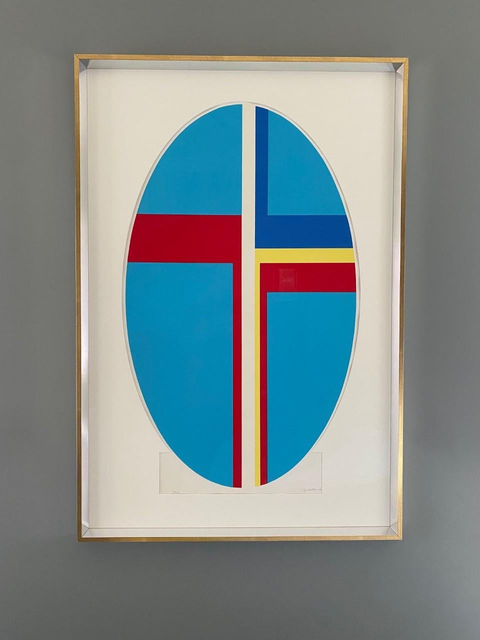 Opera incredibilmente grafica, firmata da Ilya Bolotowsky (americano, 1907-1981), risalente ai primi anni Settanta. Serigrafia firmata facente parte della serie verticale blu ellisse blu. Serigrafia su carta Rives. Edizione 70/135. Firmato a matita.