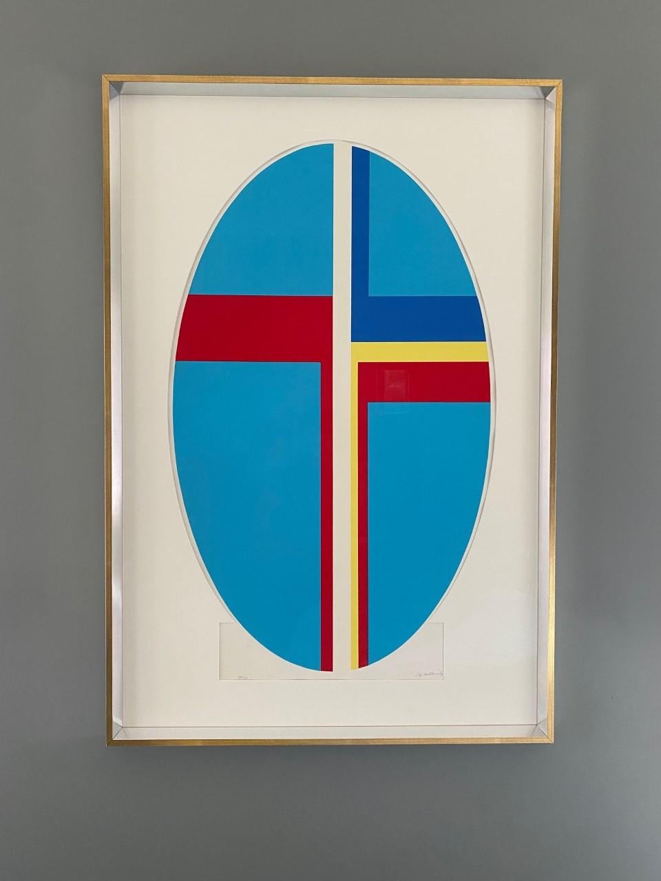 Incredibly graphic piece, signed by Ilya Bolotowsky (American, 1907-1981) from the early 1970s. Signed Silkscreen part of the vertical blue ellipse blue series. Silkscreen on Rives paper. Edition 70/135. Signed in pencil. Framed: 45.5” H x 30.5” W.