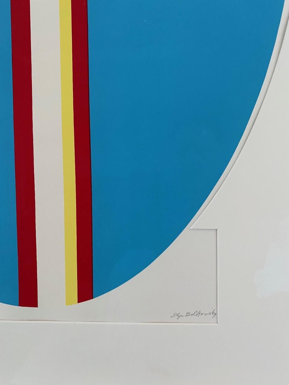 American Ilya Bolotowsky Signed Modernist Silkscreen Vertical Blue Ellipse Series For Sale