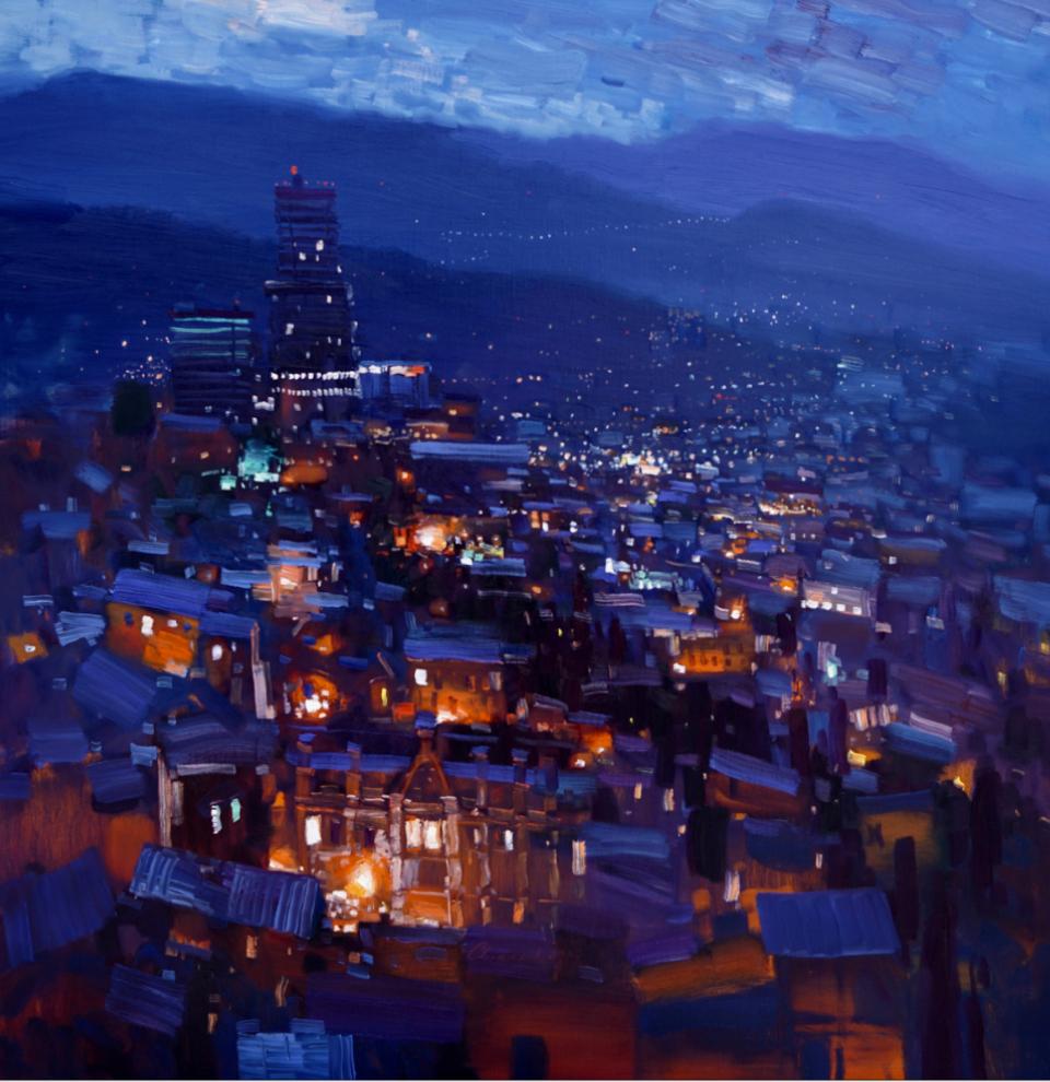 Ilya Chirun Landscape Painting - «Night City», 80x80cm