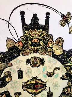 Postsowjetische Avantgarde Russischer Holzschnitt Druck mit handgemaltem Aquarell