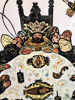 Post Soviet Avant Garde Russian Woodcut Print With Hand Watercolor Painting