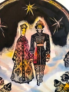 Grabado xilográfico ruso post soviético Avant Garde con pintura a mano en acuarela