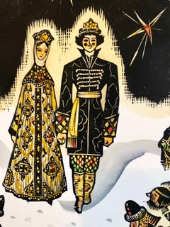 Grabado xilográfico ruso post soviético Avant Garde con pintura a mano en acuarela
