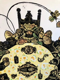Grabado xilográfico ruso post soviético Avant Garde con pintura a mano en acuarela
