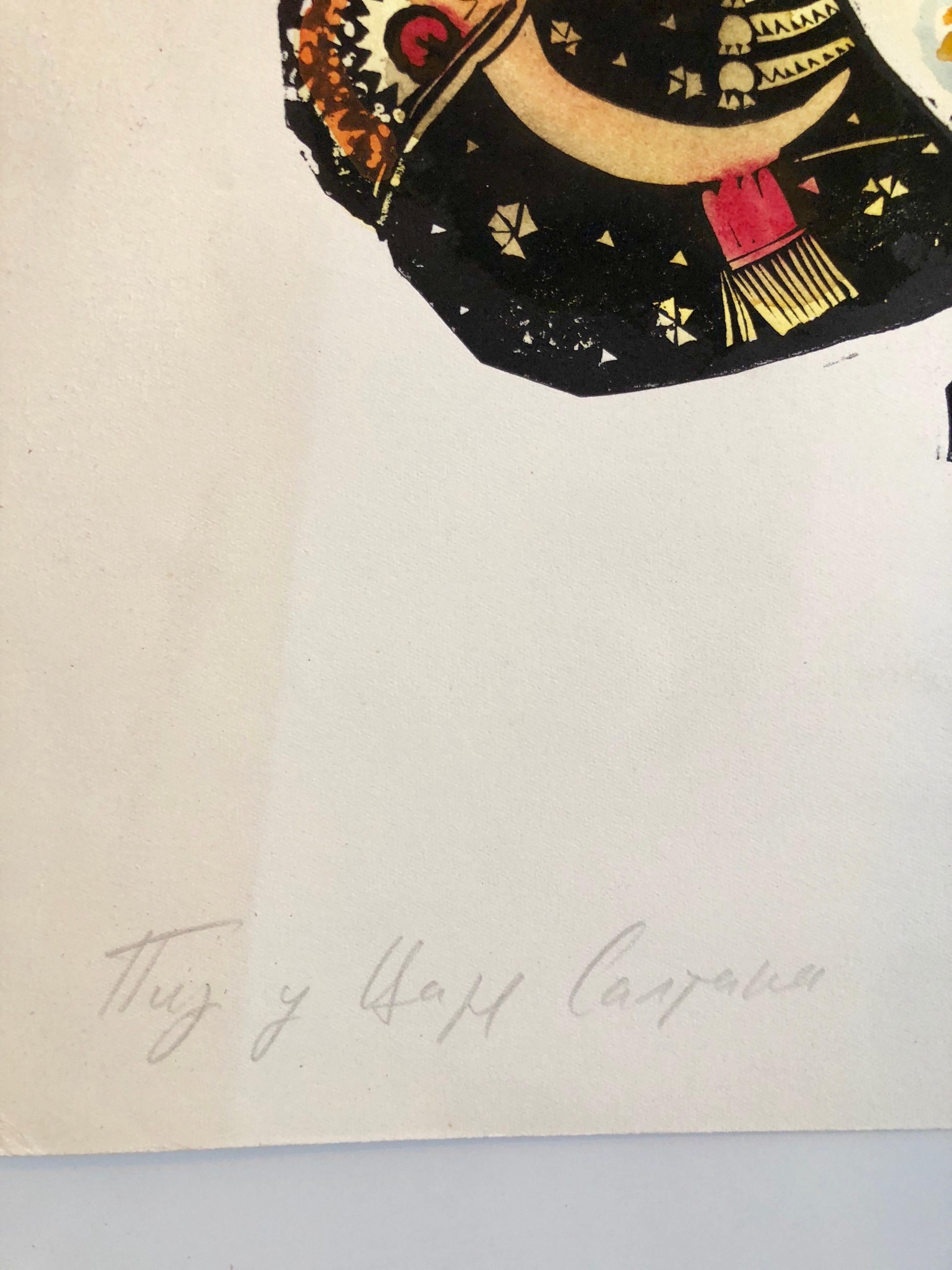 Post Soviet Avant Garde Russian Woodcut Print With Hand Watercolor Painting - Beige Figurative Print by Ilya Shenker