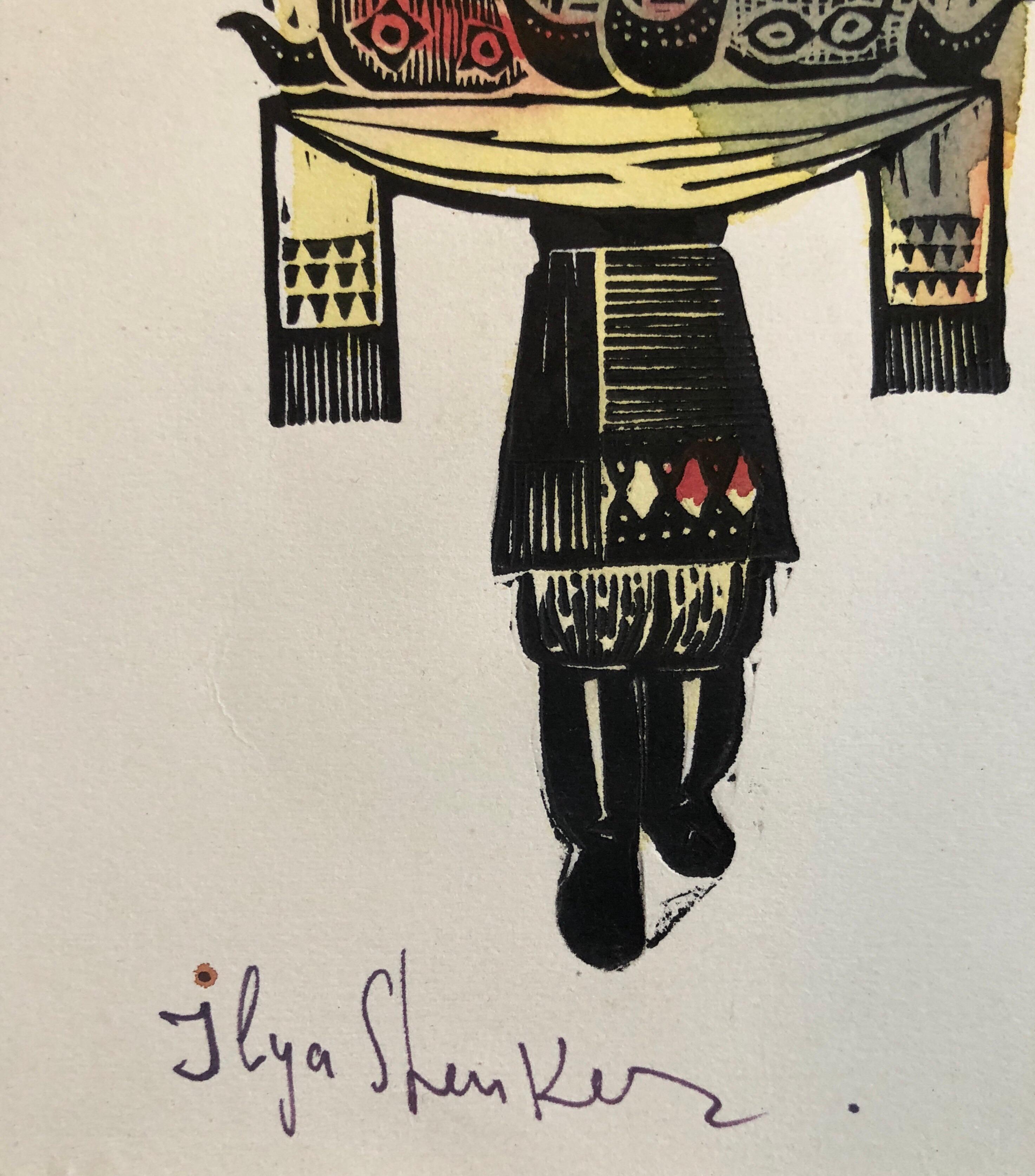  Es zeigt eine Hochzeitsszene im Stil des deutschen Expressionismus. Handsigniert und handgemalt in Aquarell. 
Ilya Shenker, Russisch/Amerikanisch (1922 - )
Als Soldat im Zweiten Weltkrieg überlebte er, während Millionen von Menschen starben. Als er