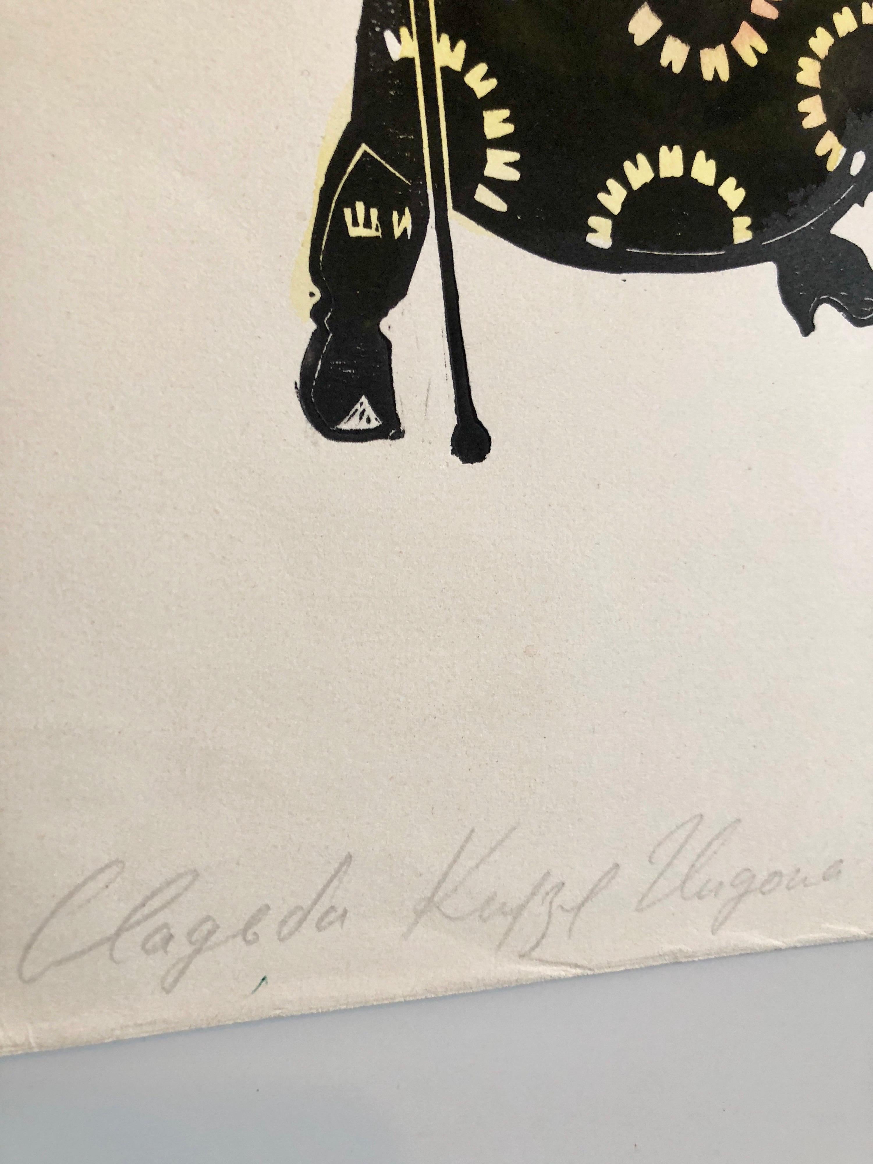 Post Soviet Avant Garde Russian Woodcut Print With Hand Watercolor Painting - Beige Figurative Print by Ilya Shenker