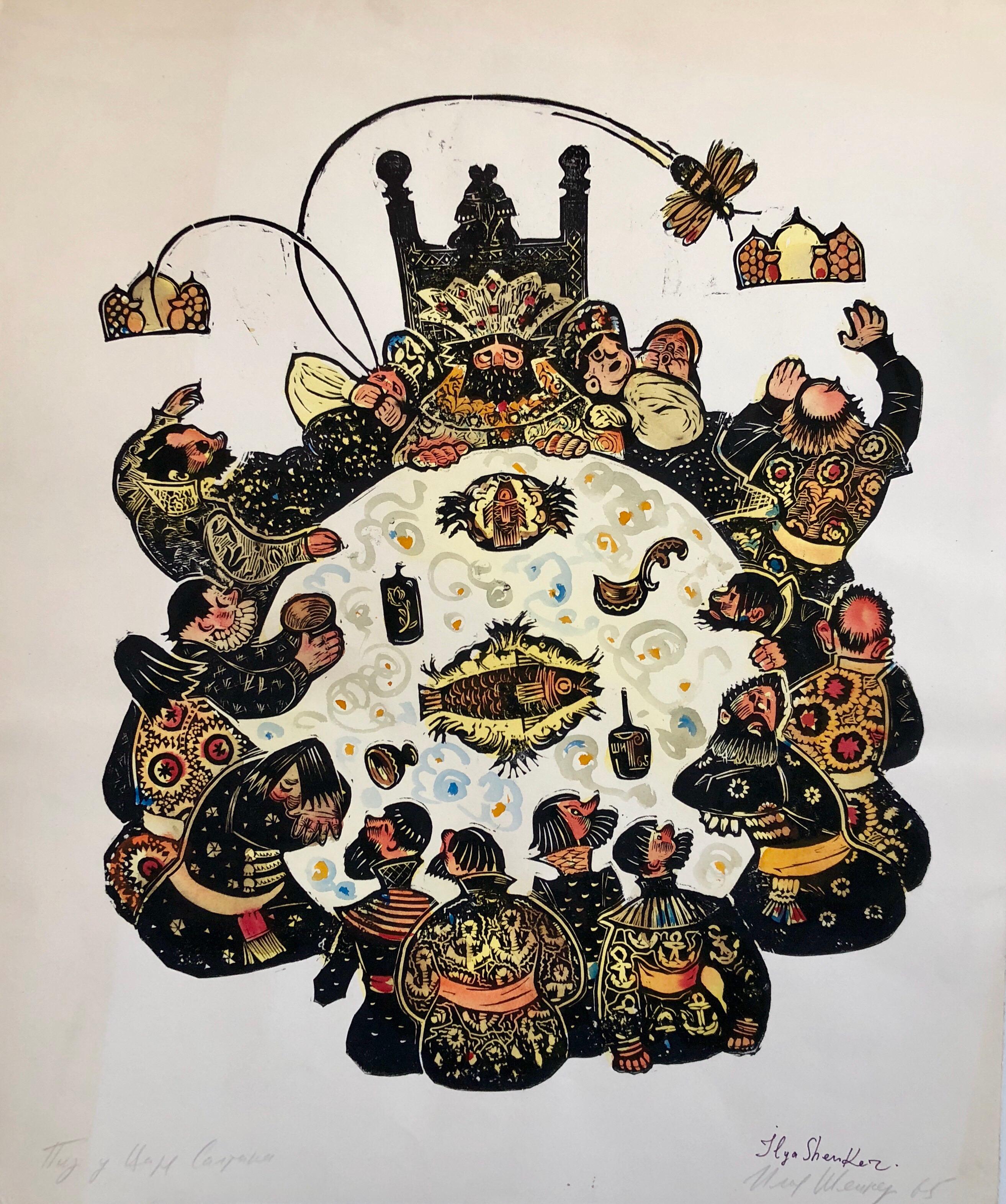 Ilya Shenker Figurative Print - Post Soviet Avant Garde Russian Woodcut Print With Hand Watercolor Painting