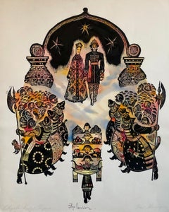 Grabado xilográfico ruso post soviético Avant Garde con pintura a mano en acuarela