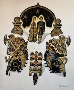 Grabado xilográfico ruso post soviético Avant Garde con pintura a mano en acuarela