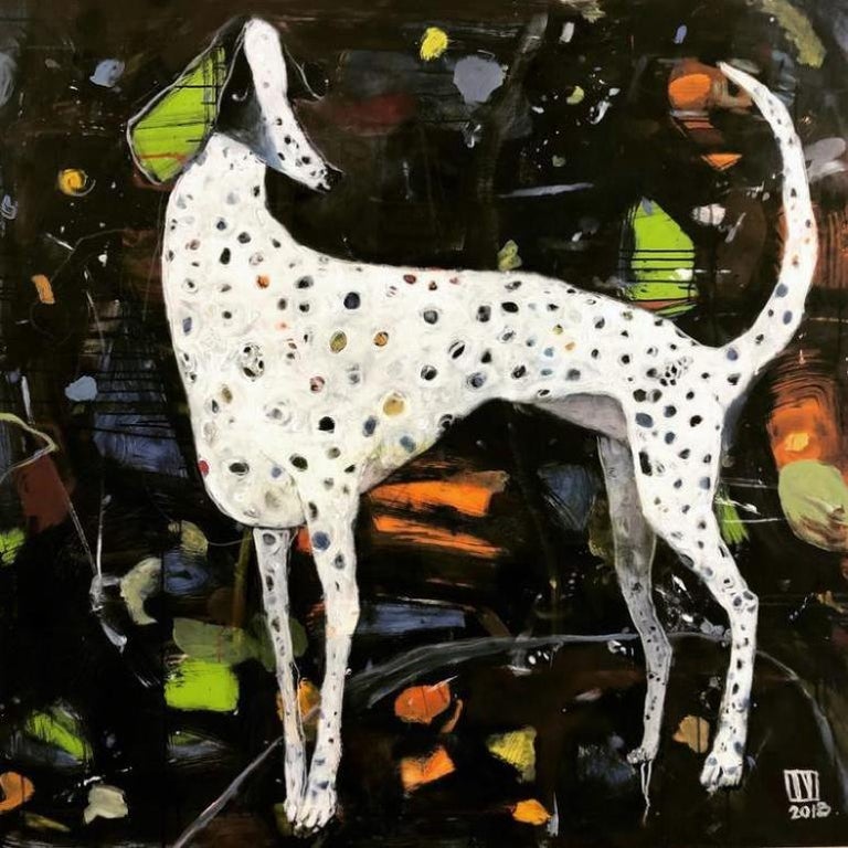 Ilya Volykhine Glitter Abstract Oil Painting Of A Spotted Dog