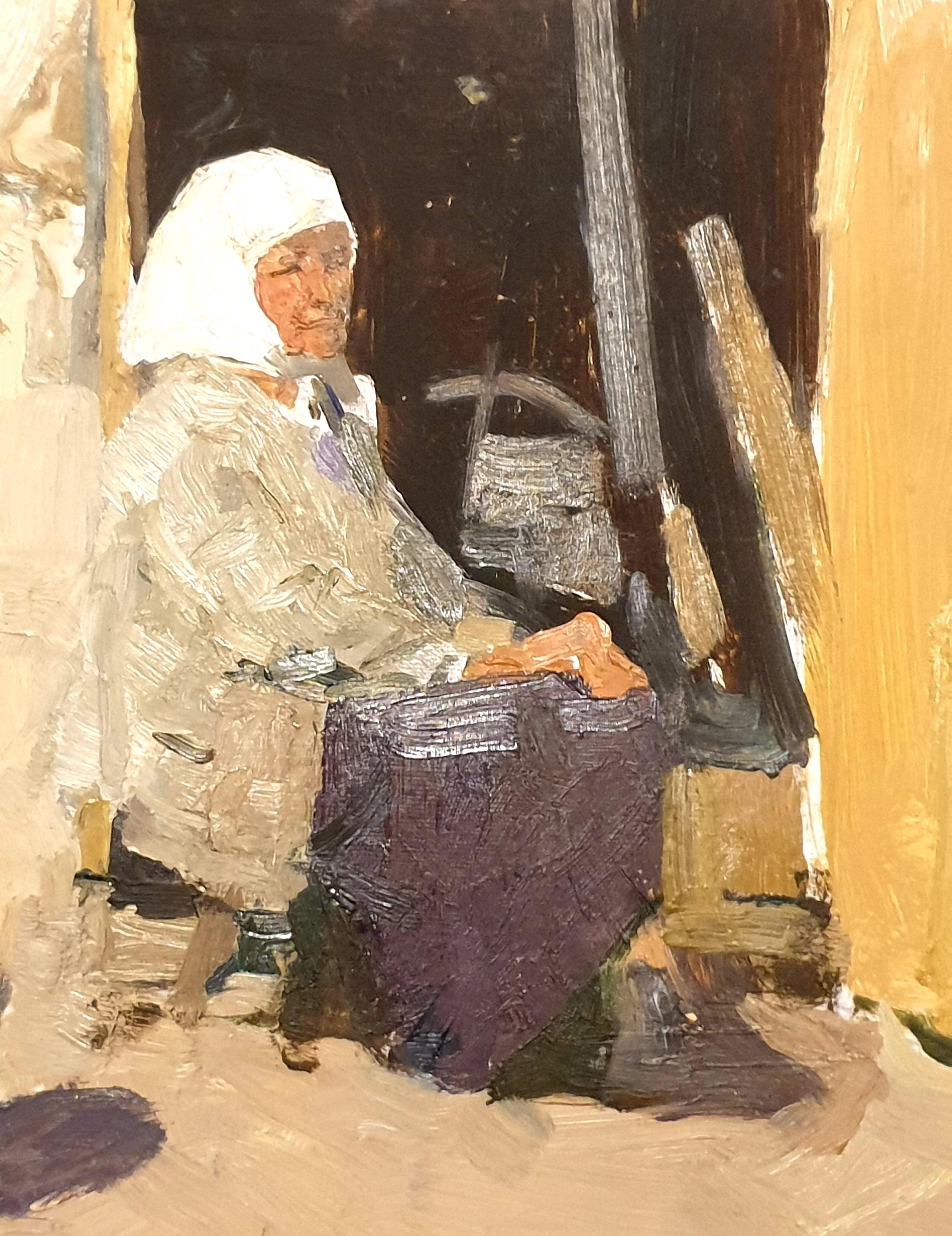 Realist Portrait, Mid-Century Oil On Card, The Babushka. For Sale 6