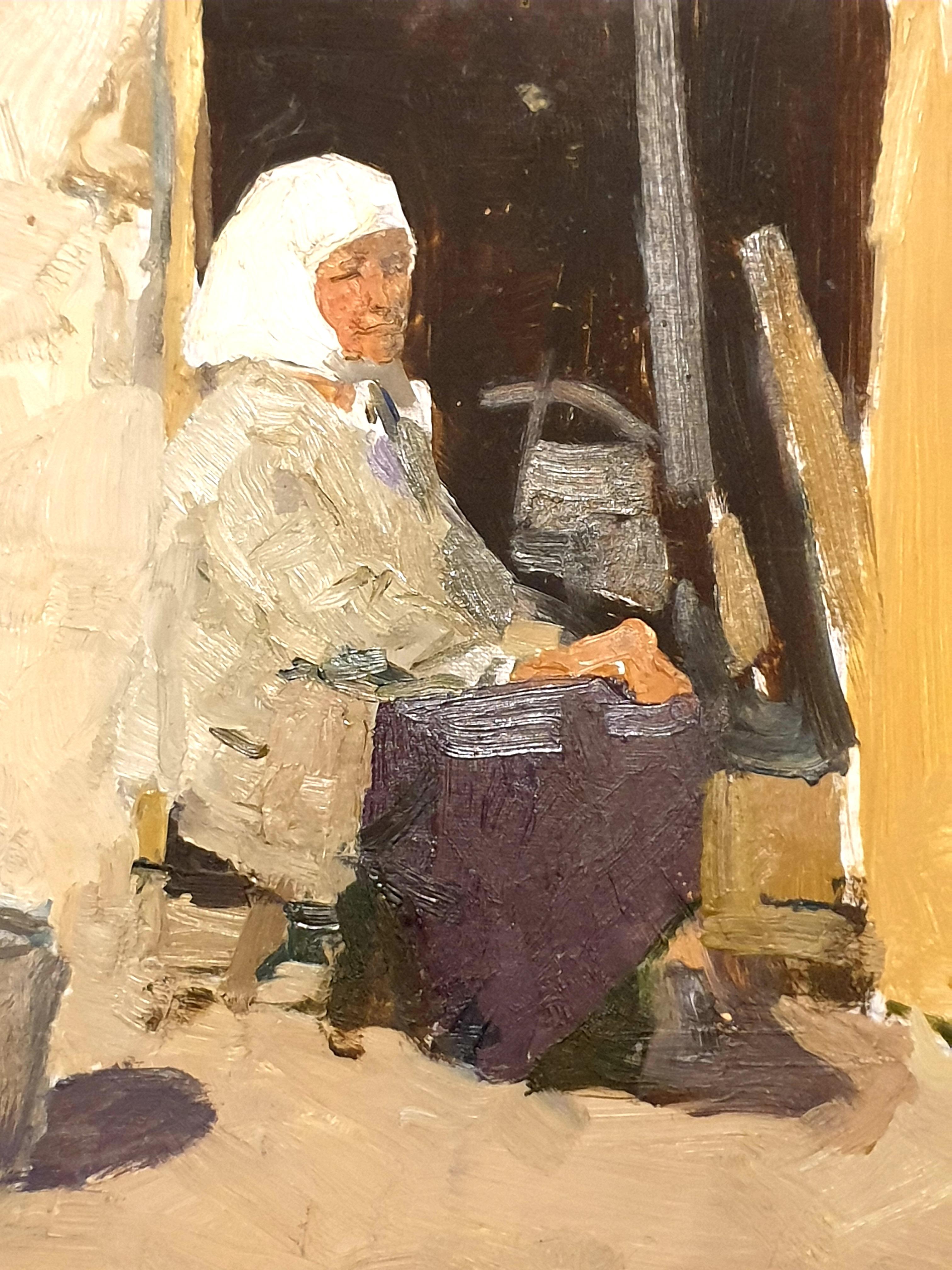 Mid-Century realist oil on card of a peasant woman, dated 1963 to the reverse. Artist unknown. Presented in gilt and painted wood frame under glass.

A charming, grounded painting of a peasant woman calmly sitting in reflection, enjoying the sun.