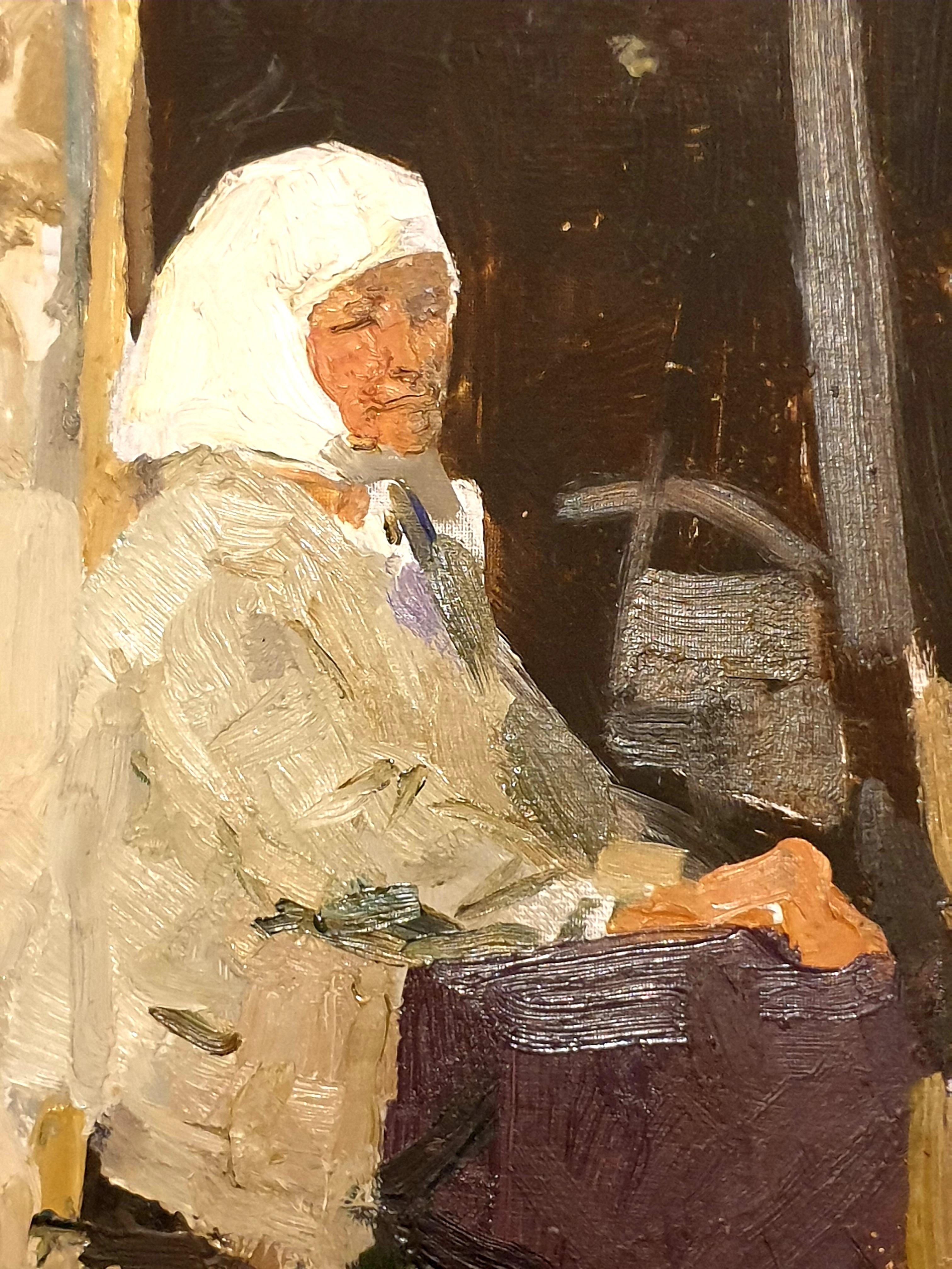 Realist Portrait, Mid-Century Oil On Card, The Babushka. For Sale 3