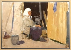 Realistisches Porträt, Ölgemälde auf Karton, Babushka, Mid-Century, Öl.