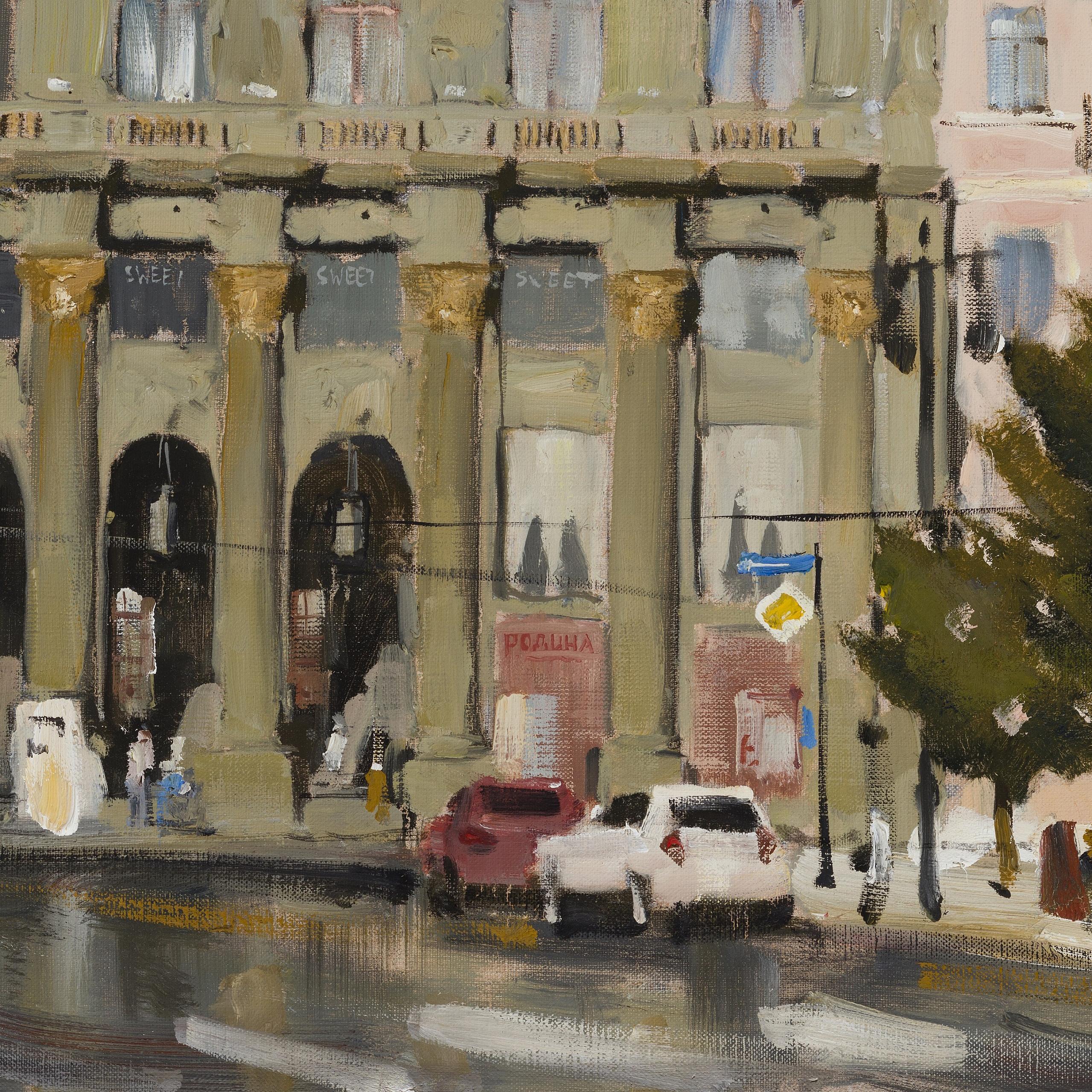 Film House - 21st Century Contemporary Oil Urban St.Petersburg Painting - Gray Figurative Painting by Ilya Zorkin