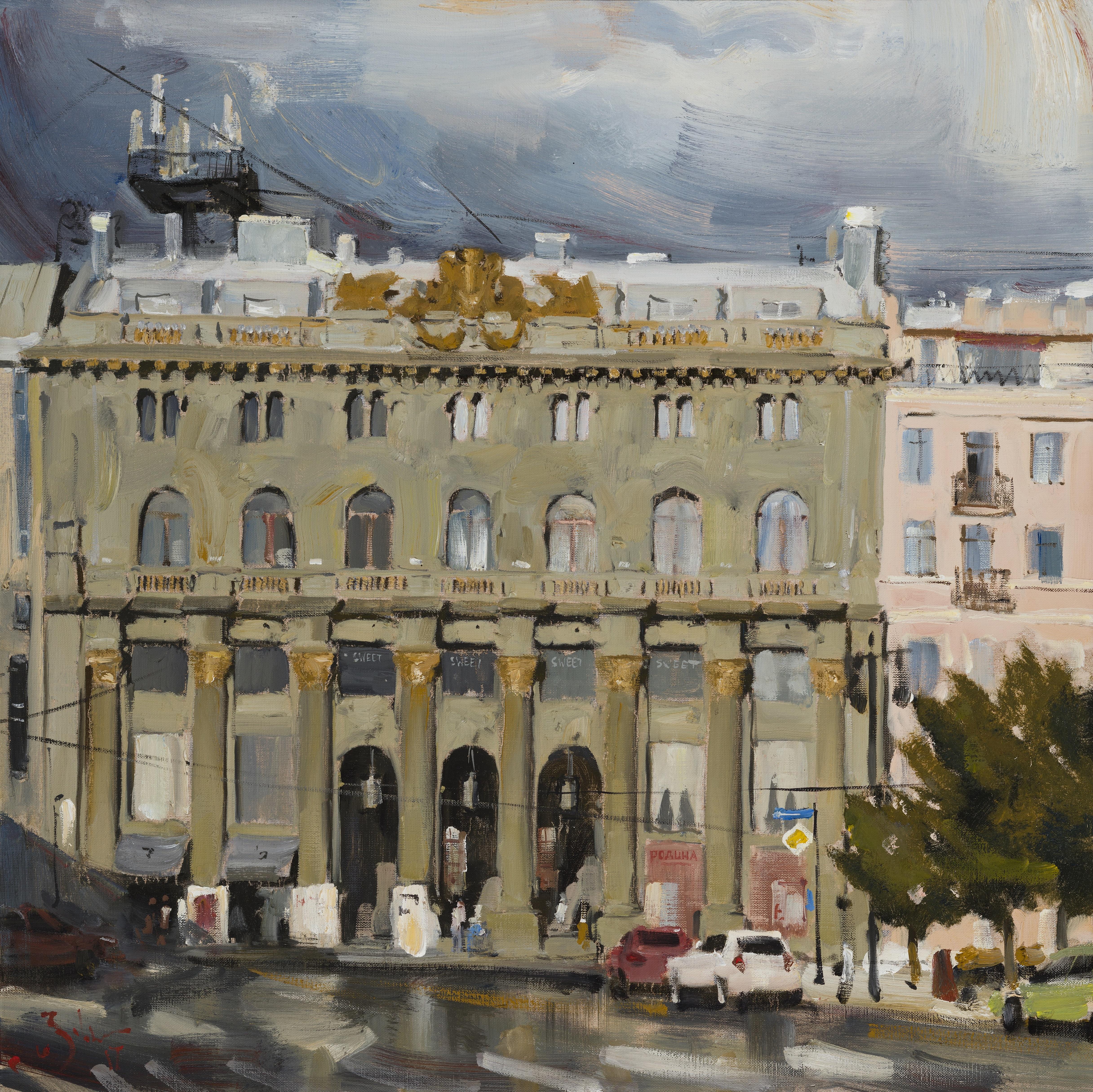 Ilya Zorkin Figurative Painting - Film House - 21st Century Contemporary Oil Urban St.Petersburg Painting