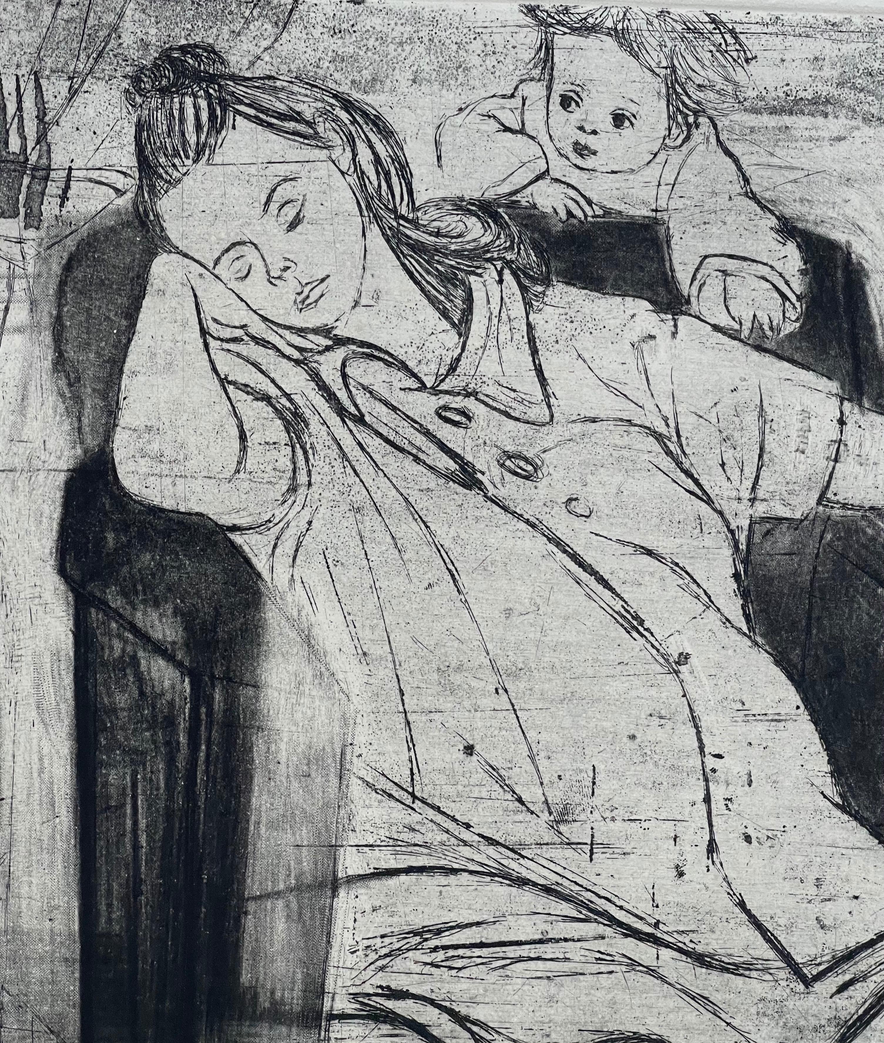 Bilder von Kindern, Radierung mit dem Titel „Schlafende Mutter“ von Will Barnet (20. Jahrhundert) im Angebot