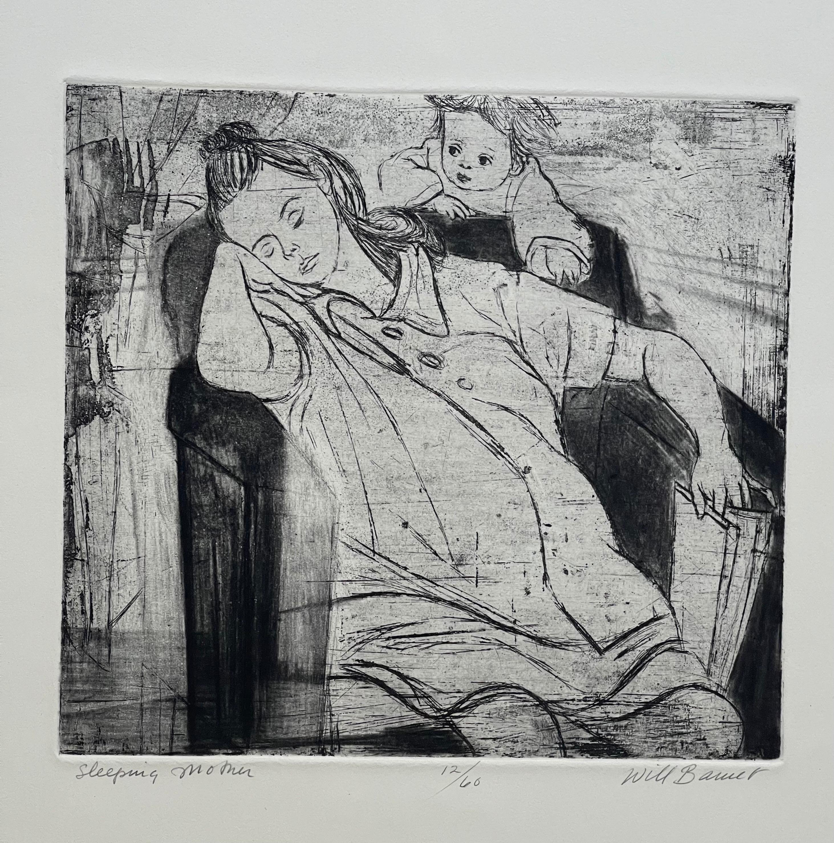 Bilder von Kindern, Radierung mit dem Titel „Schlafende Mutter“ von Will Barnet (Papier) im Angebot