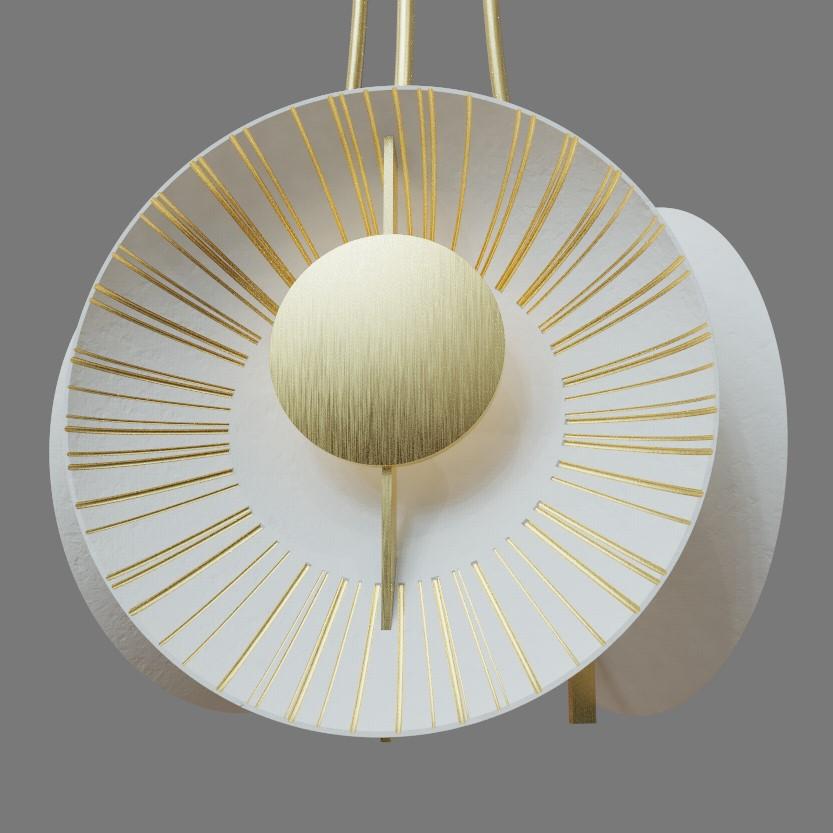 Pendant with three porcelain slightly domed discs, brushed brass metalwork and painted gold lines on the porcelain. 

Overall height: 1215mm 
Overall Width: 500mm 
Overall Depth: 434mm 
Ceiling plate Dia: 150mm
Integrated LED, 2700K

Made to order