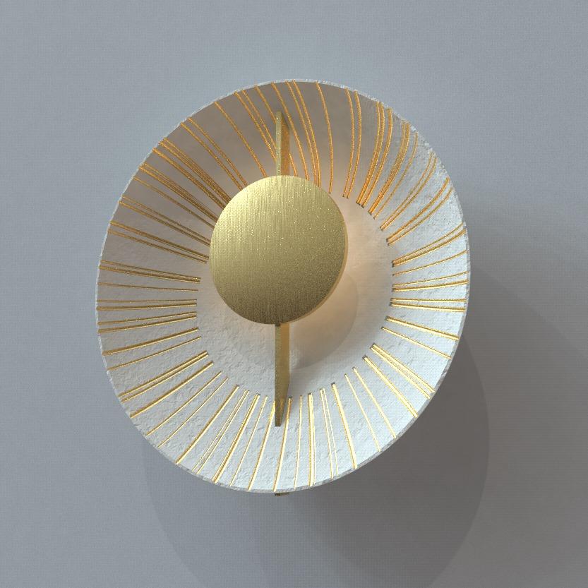 Wall Light with slightly domed porcelain disc, brushed brass metalwork and painted gold detail.

Overall Diameter: 400mm
Projection: 100mm
Integrated LED, 2700K

Made to order to buyer's specification. Variations to dimensions and finishes can be