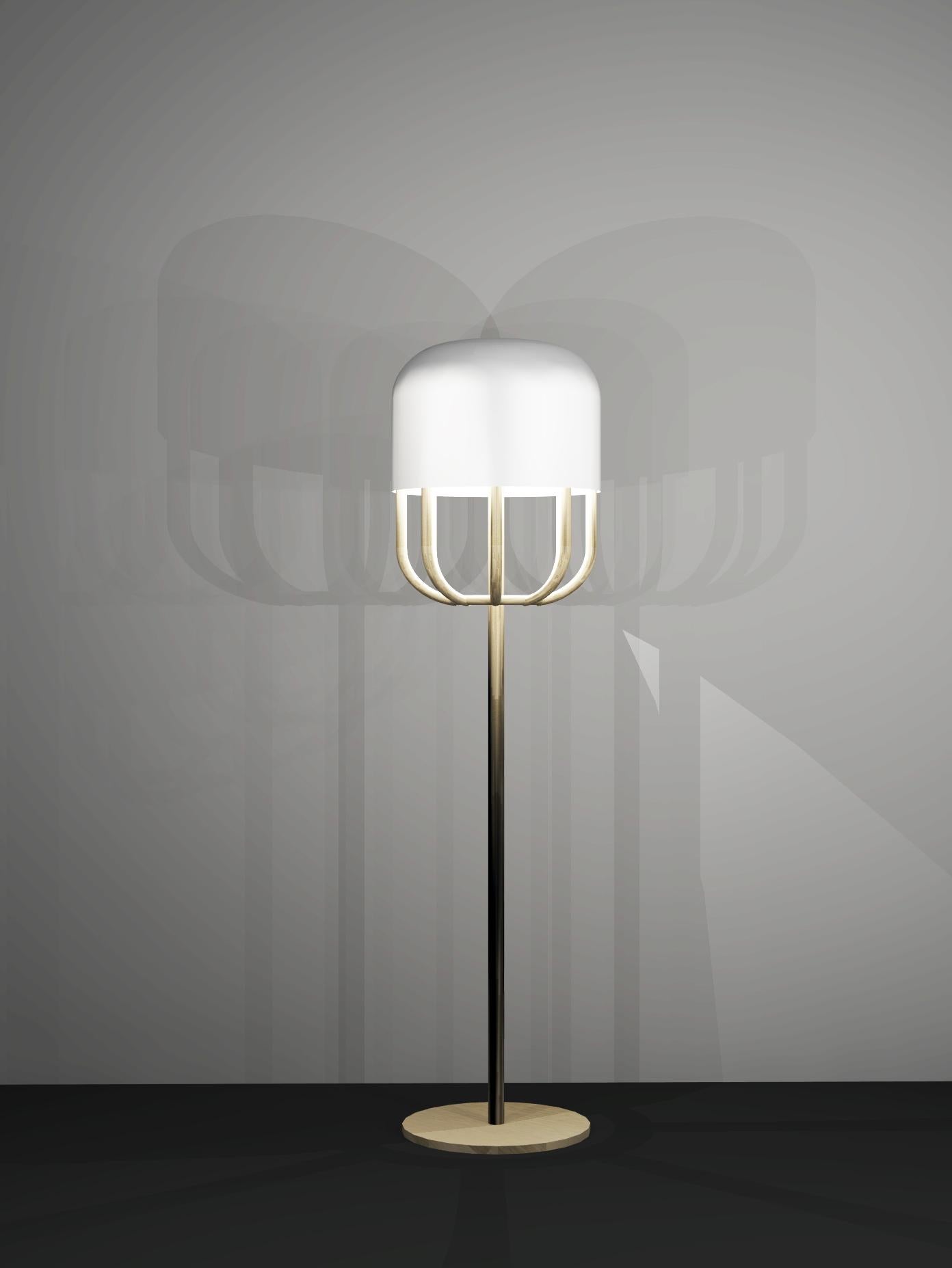 This floor lamp has a bold design that uses symmetry between the outer casing and the frame of a capsule shape. The soft glow of opal glass is elegantly supported and highlighted by a beautiful brushed brass structure.
Metalwork can be powder-coated