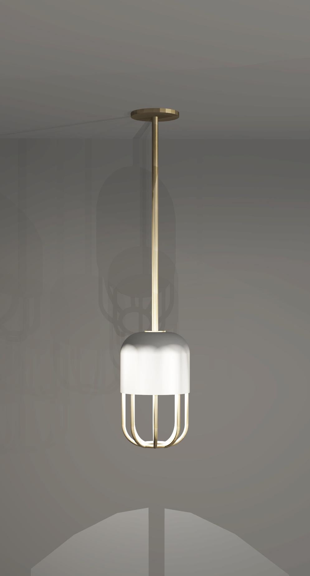 This ceiling light has a bold design that uses symmetry between the outer casing and the frame of a capsule shape. The soft glow of opal glass is elegantly supported and highlighted by a beautiful brushed brass structure.
Metalwork can be