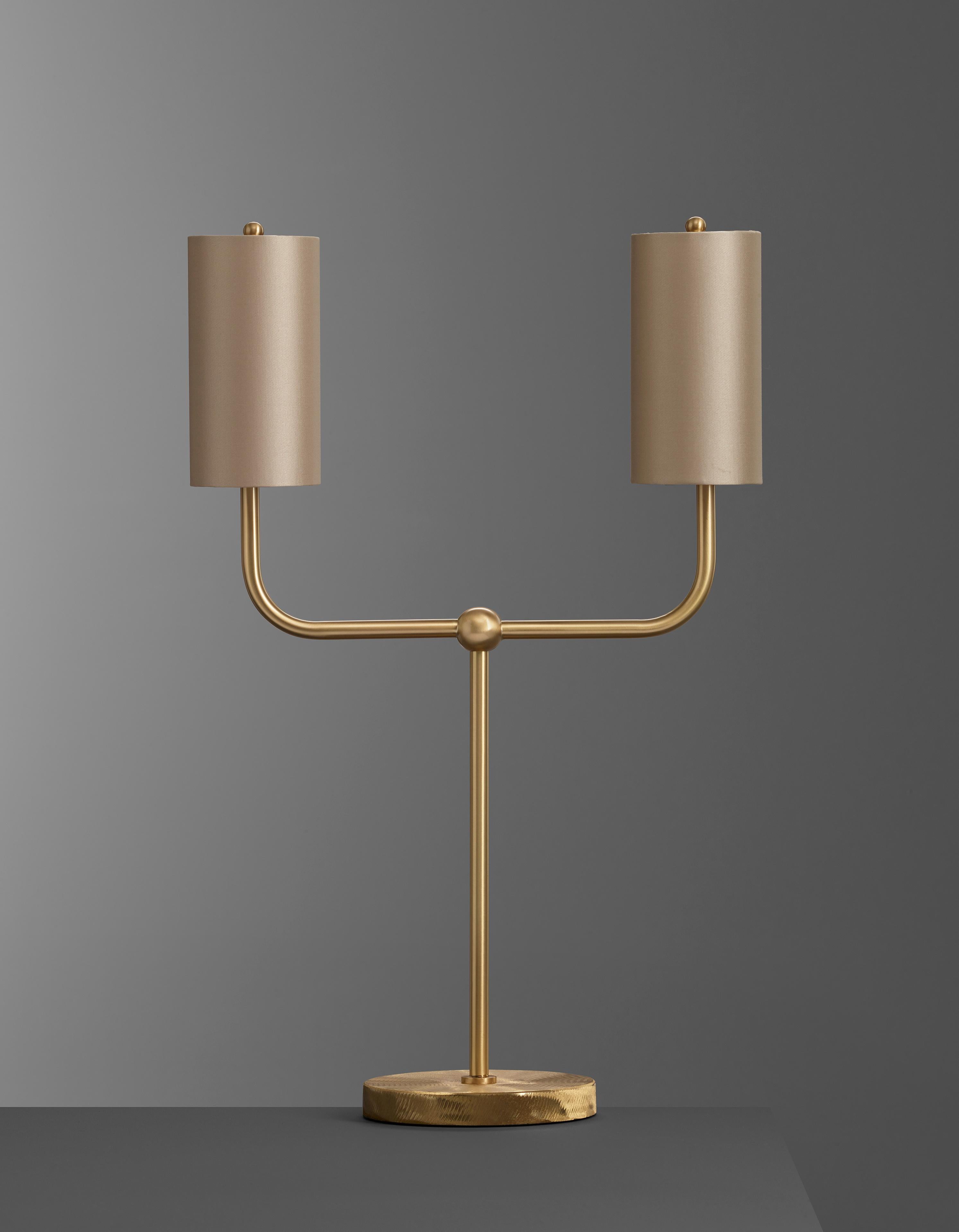 European Imagin Classic Table Lamp in Brushed Brass and Fabric Shade For Sale