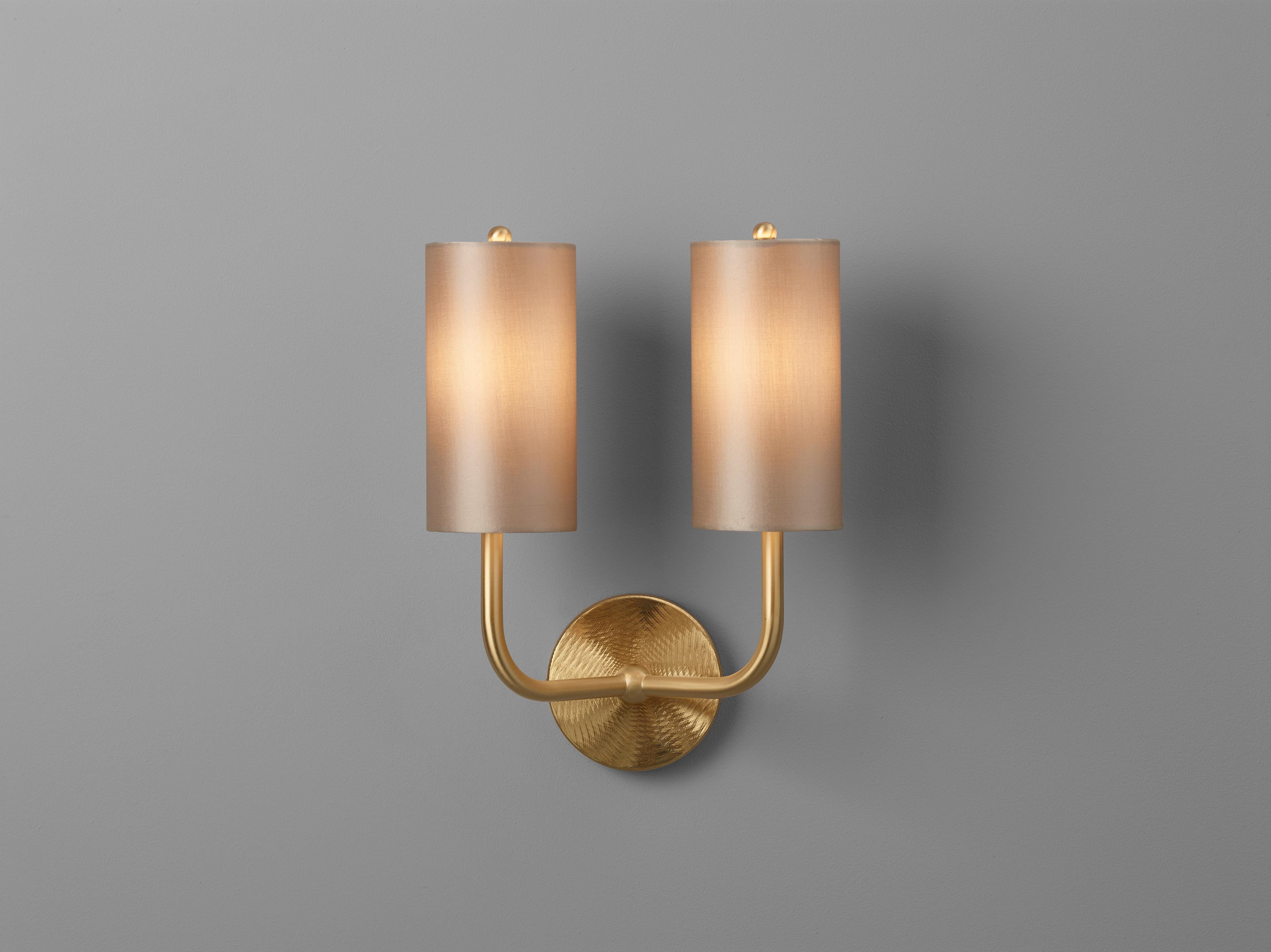 European Imagin Classic Wall Light 2 in Brushed Brass and Fabric Shade For Sale
