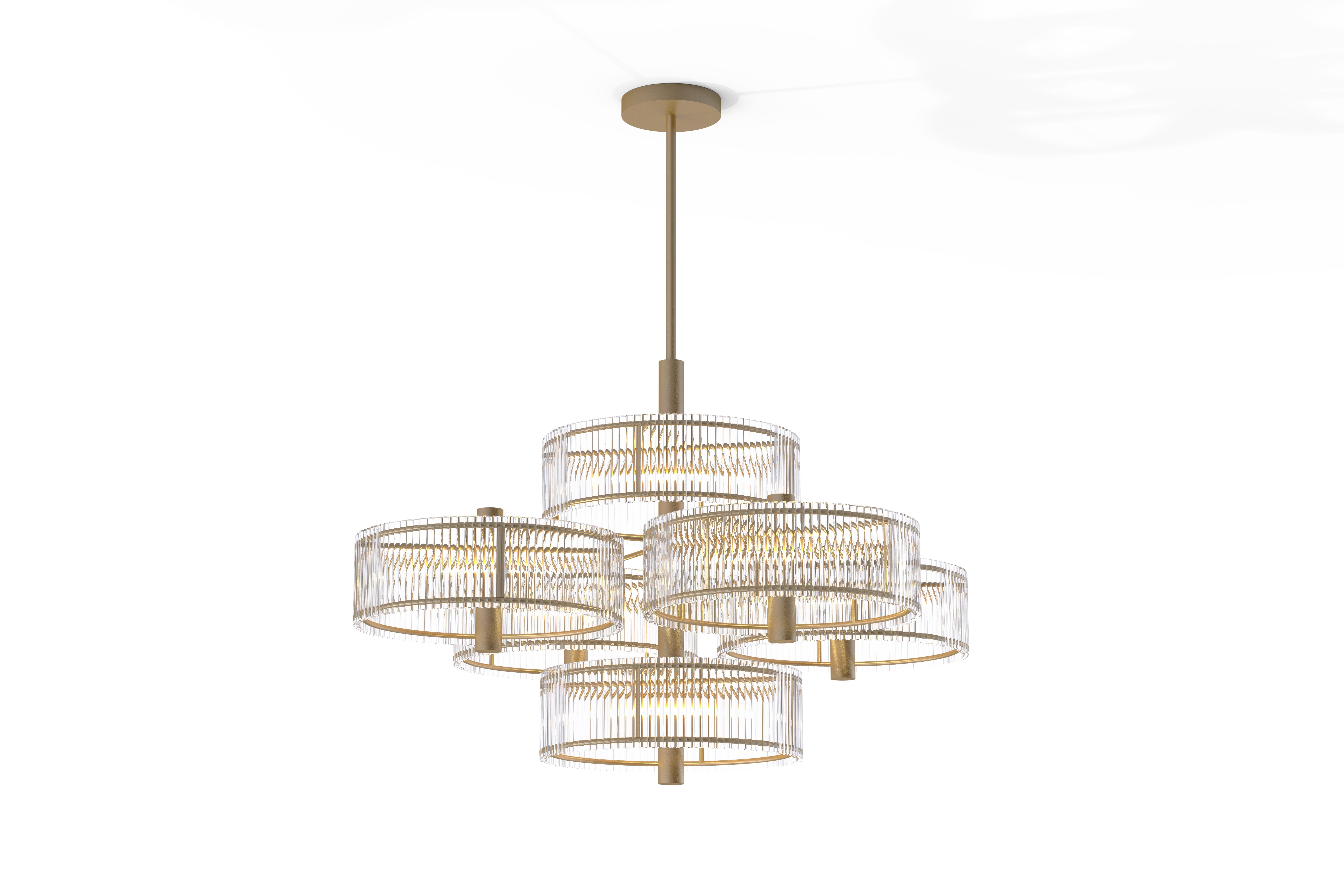 Contemporary Chandelier with six fluted glass shades and brushed brass metalwork.

Width: 820mm
Shade Height: 620mm
Overall Height: 1190mm
Light Source: G9's, bulbs not included.

Made to order to buyer's specification. Variations to dimensions and