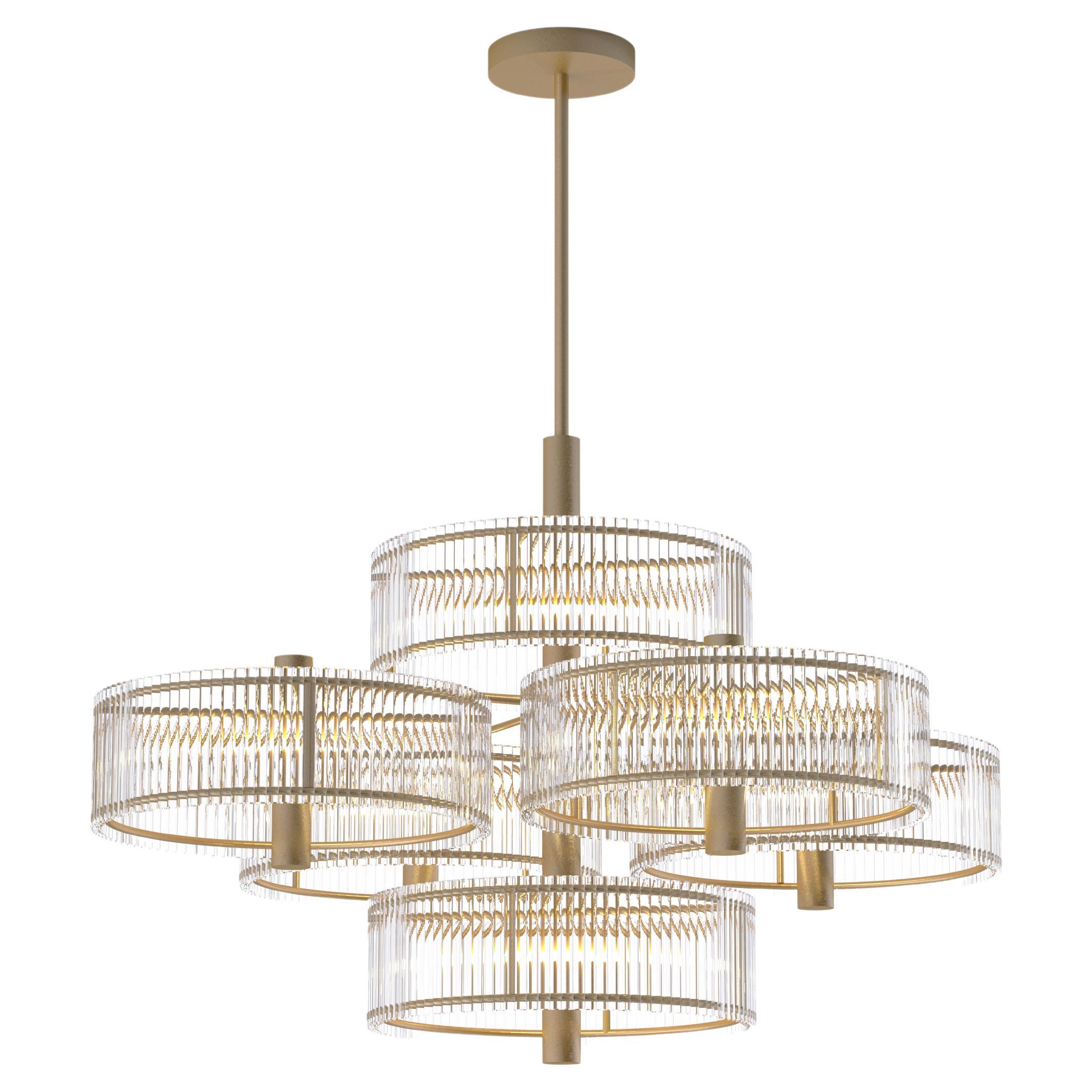 Imagin Contemporary Chandelier in Brushed Brass and Ribbed Glass For Sale