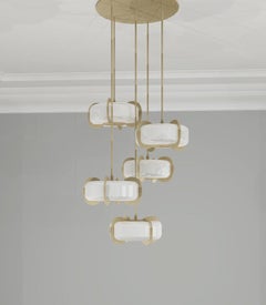 Imagin Contemporary Deco Chandelier in Brushed Brass and Opal Glass