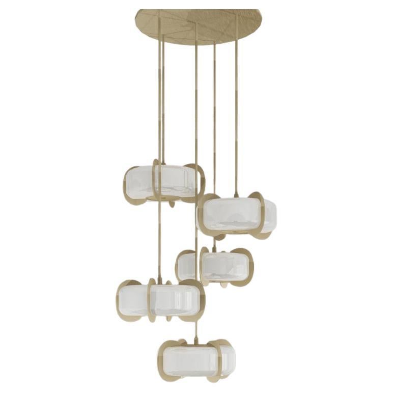 Imagin Contemporary Deco Chandelier in Brushed Brass and Opal Glass