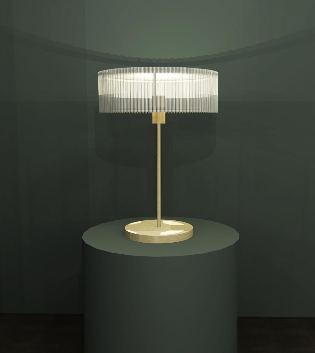 Contemporary Table Lamp in fluted glass and brushed brass finish.

Diameter: 360mm 
Shade Height: 120mm
Overall Height: 500mm

Made to order to buyer's specification. Variations to dimensions and finishes can be made on request.