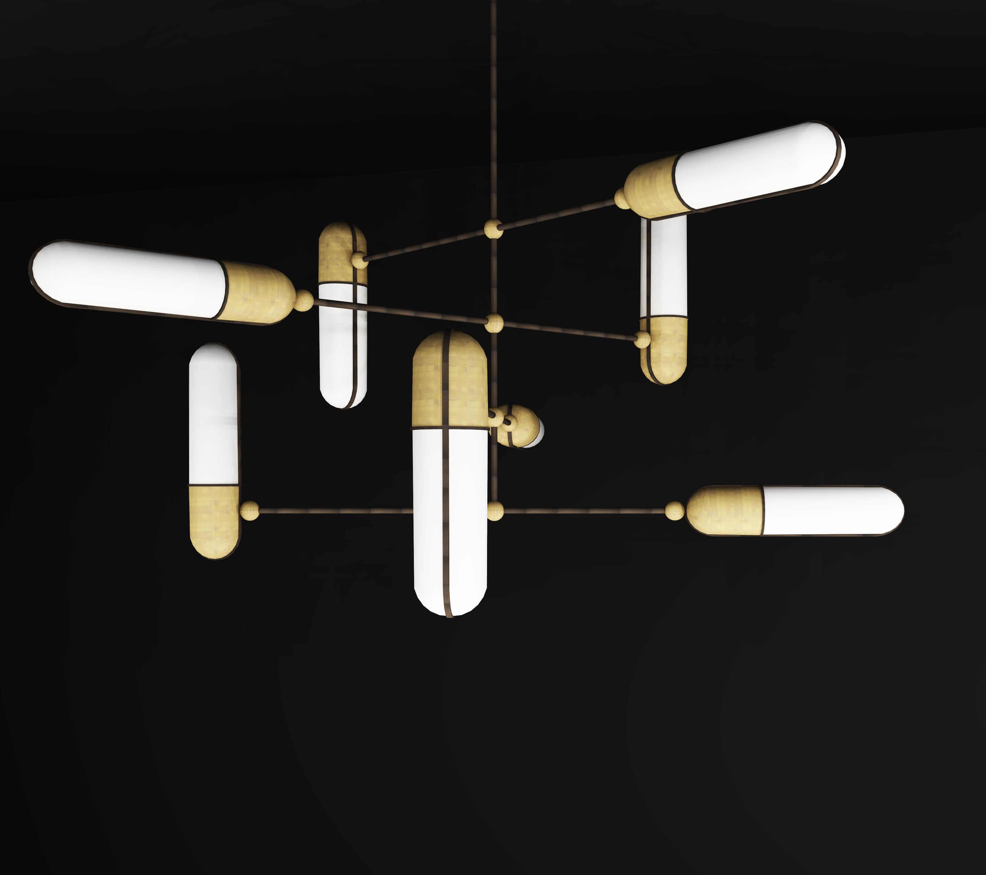 European Imagin Deco Chandelier in Antique Bronze, Antique Brass and Frosted Glass For Sale
