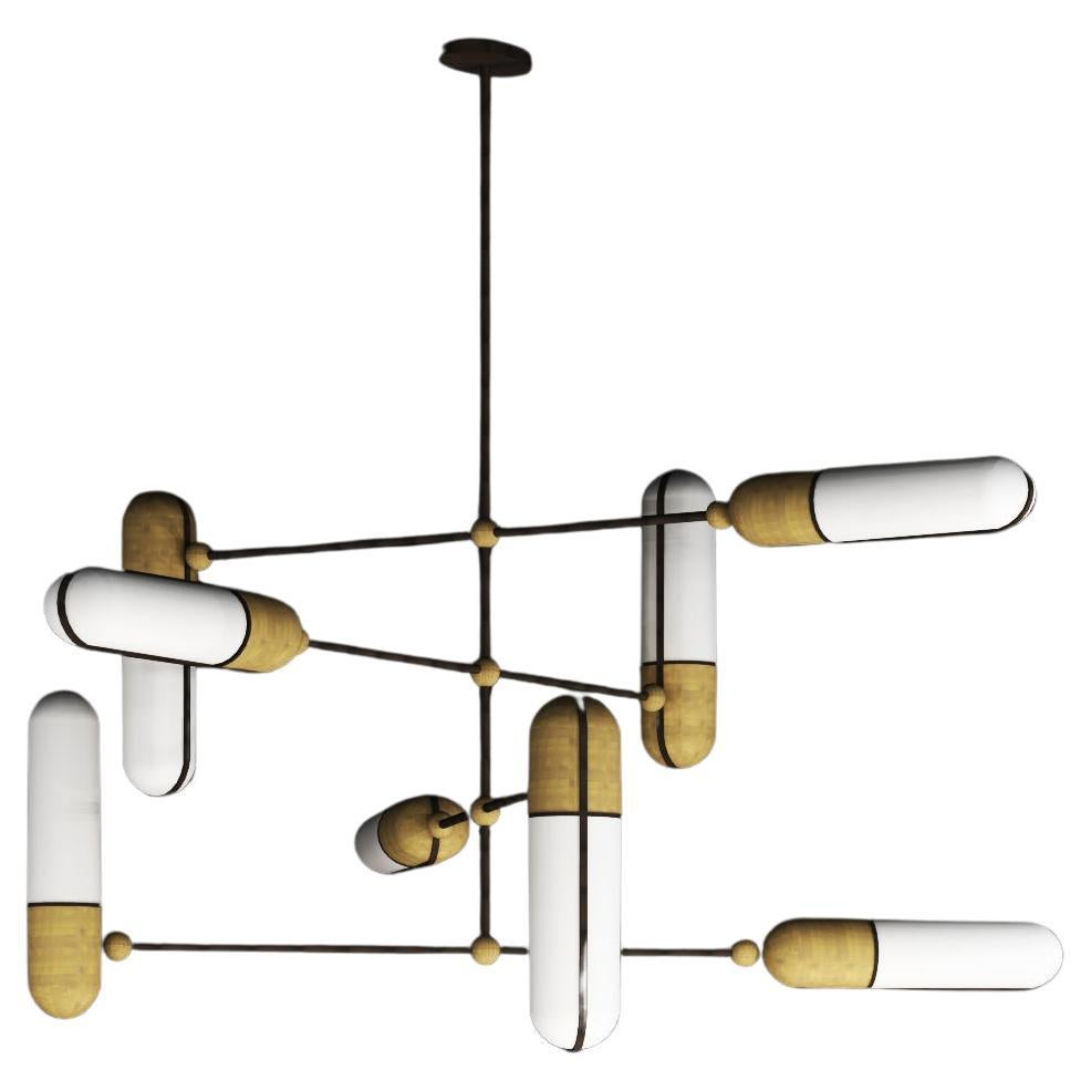 Imagin Deco Chandelier in Antique Bronze, Antique Brass and Frosted Glass For Sale