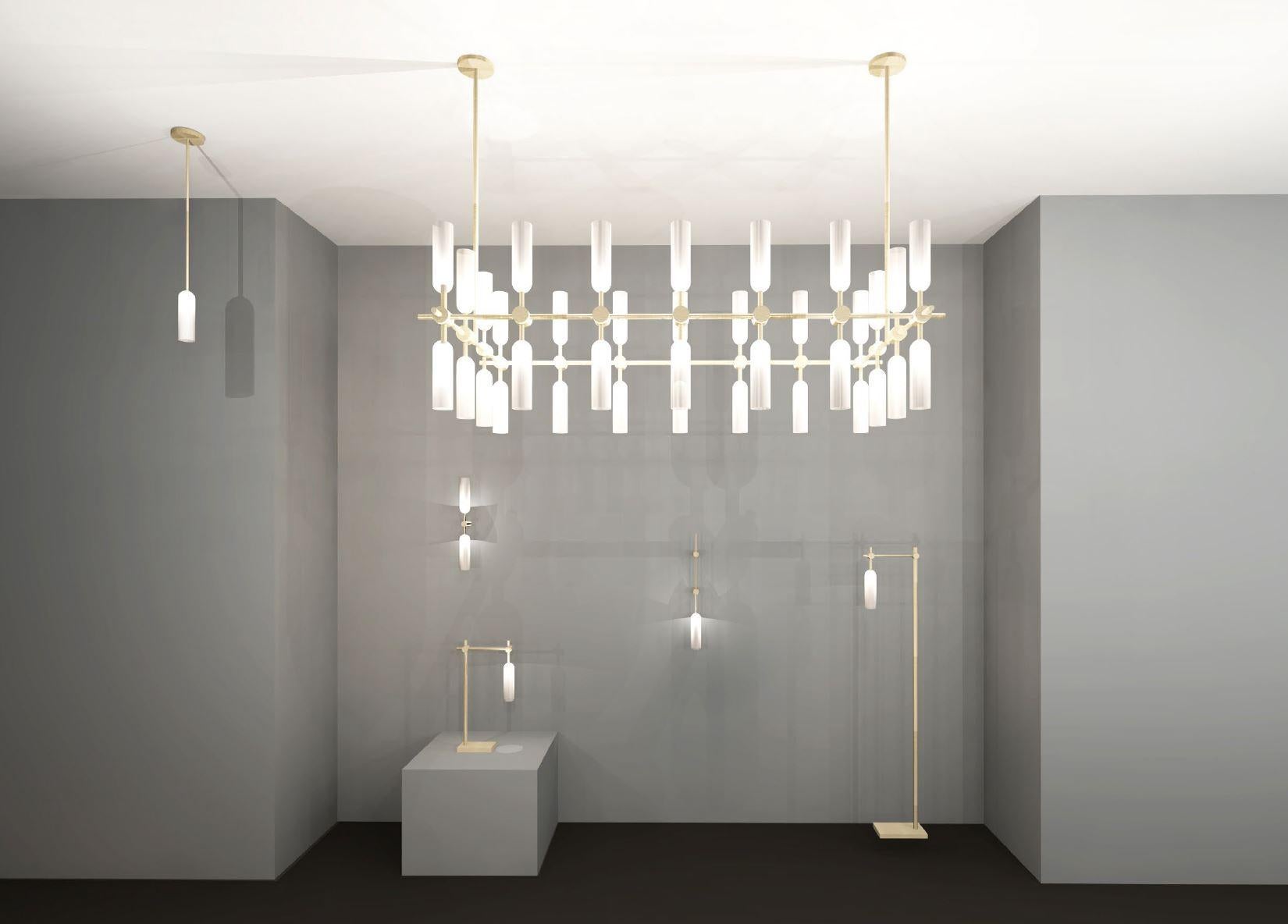 European Imagin Duo Chandelier 2 in Brushed Brass and Opal Glass For Sale