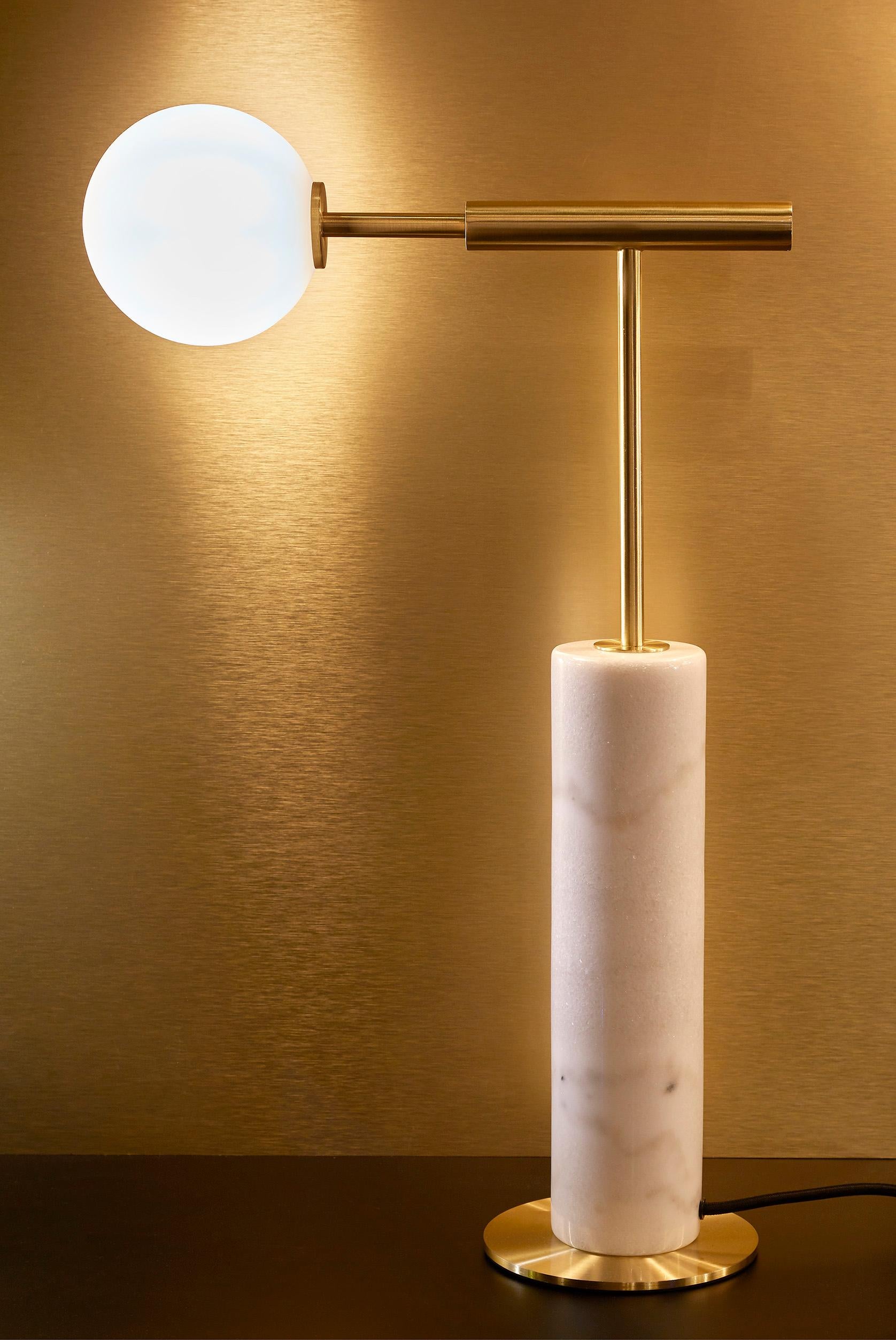 European Imagin Geometric Table Lamp in Brushed Brass and Frosted Glass For Sale