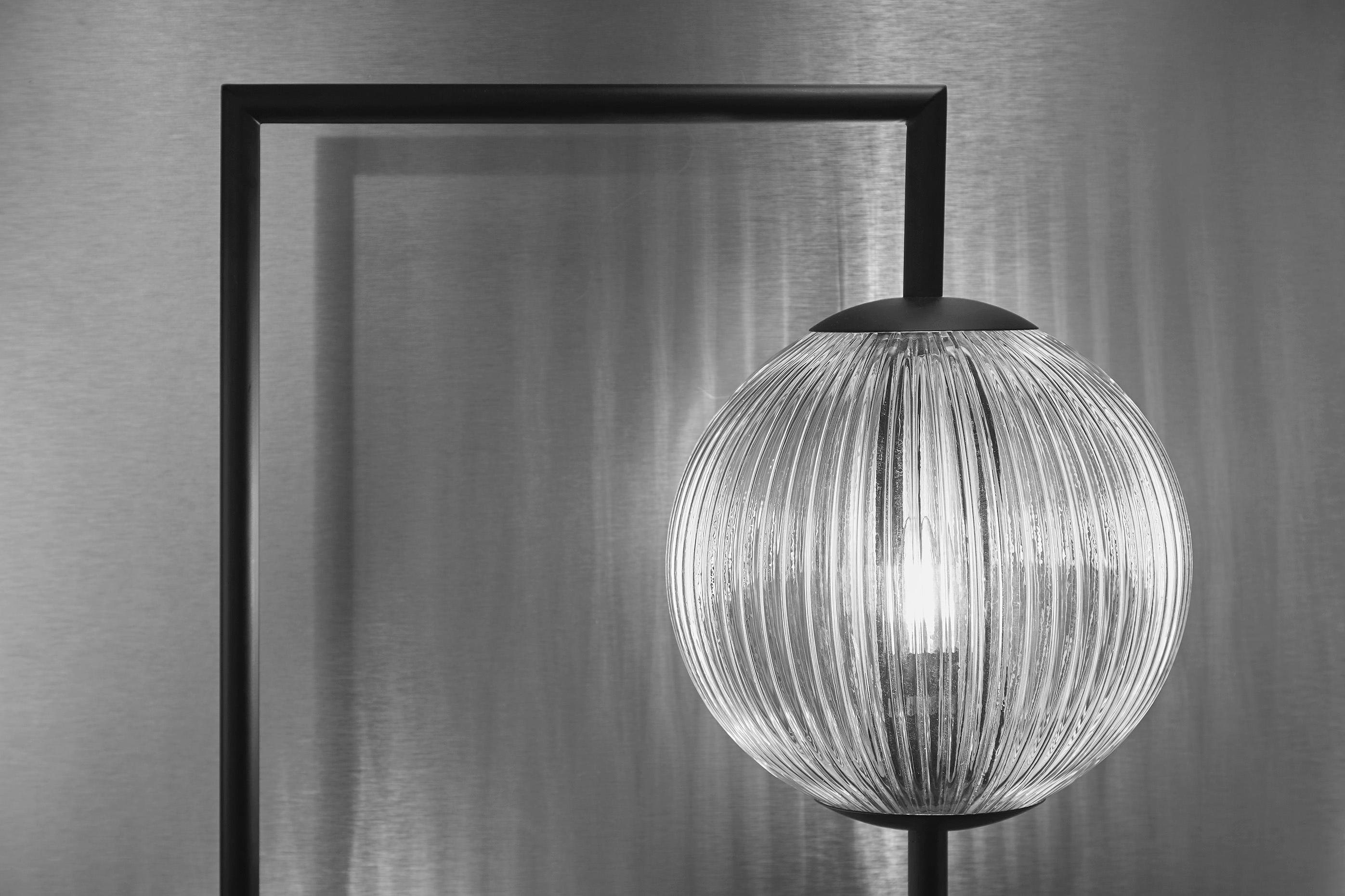Powder-Coated Imagin Globe Floor Lamp in Matt Black and Ribbed Glass For Sale