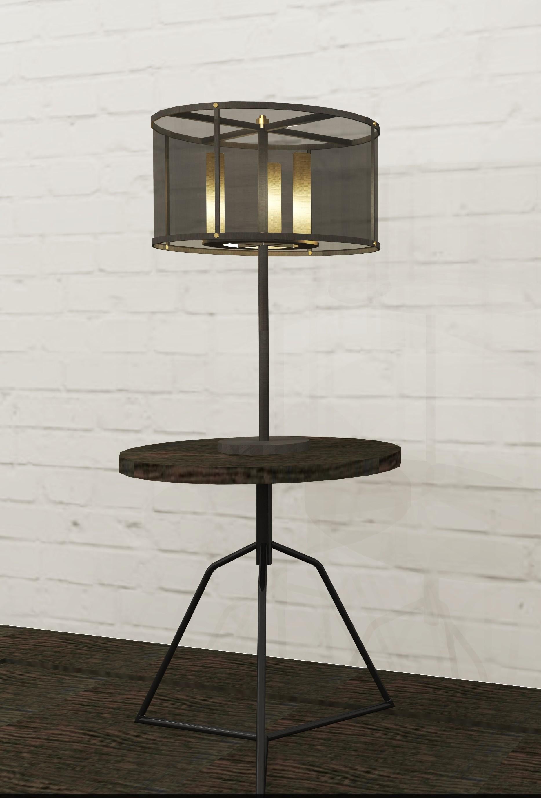 This table lamp is made from two types of metal: antique bronze and antique brass. The light source is concealed with an antique brass mesh, while outer shade with antique bronze mesh. The main idea for this design was continuously layering of